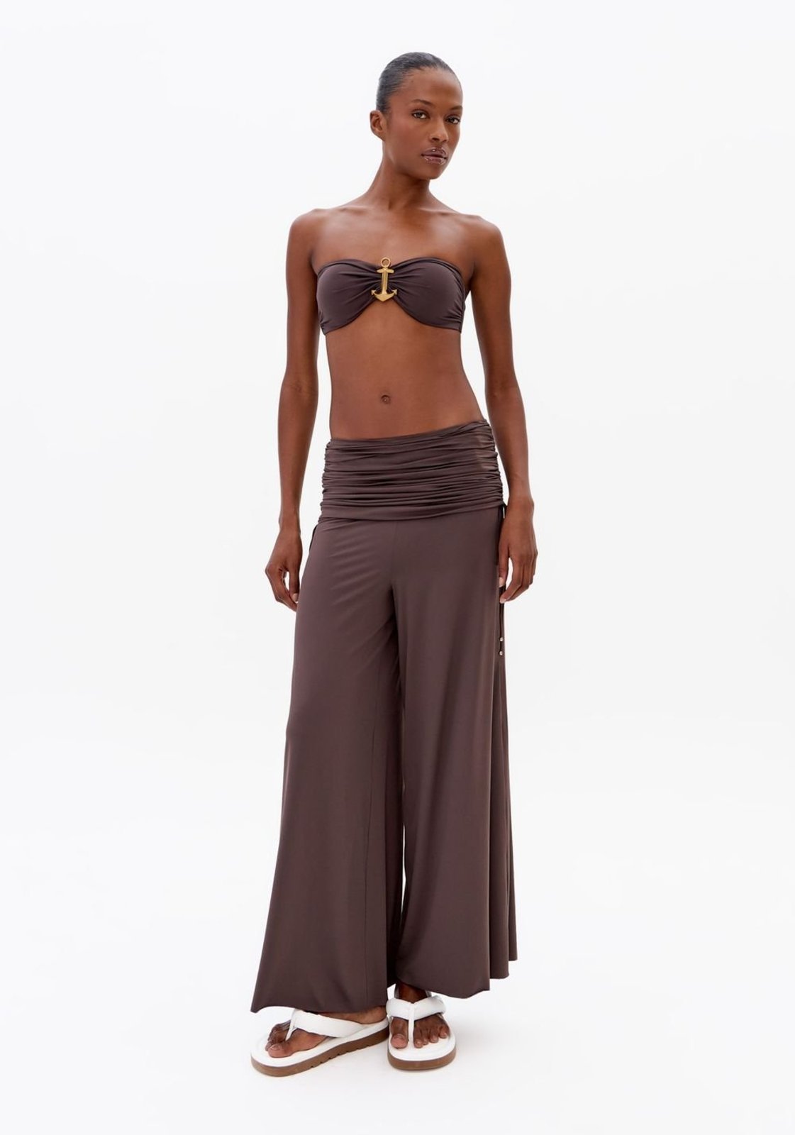 Calça Wide Leg Cintura Alta Cós Franzido Sport Easy