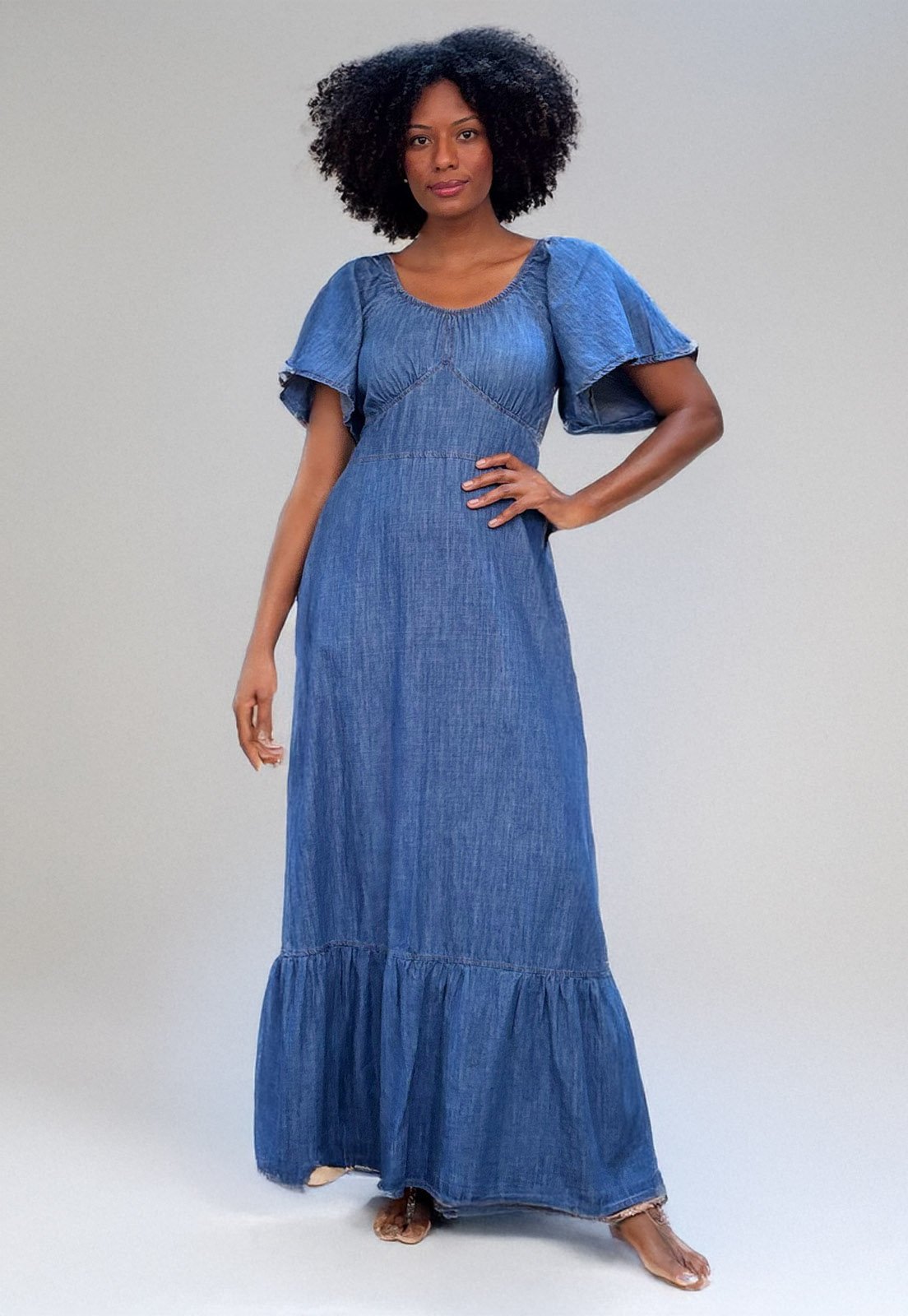 Vestido Cabanafree jeans longo com manga