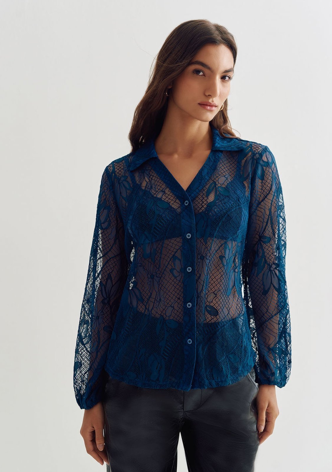 Camisa Zinco Lebôh Manga Longa Com Botões Azul Marinho