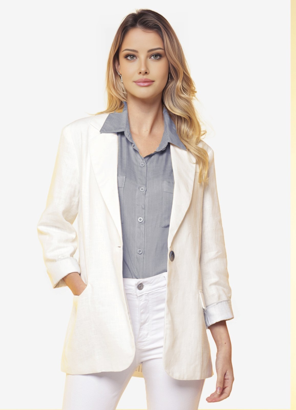 Blazer de Linho Puro Branco Feminino Sob Longo com Bolsos