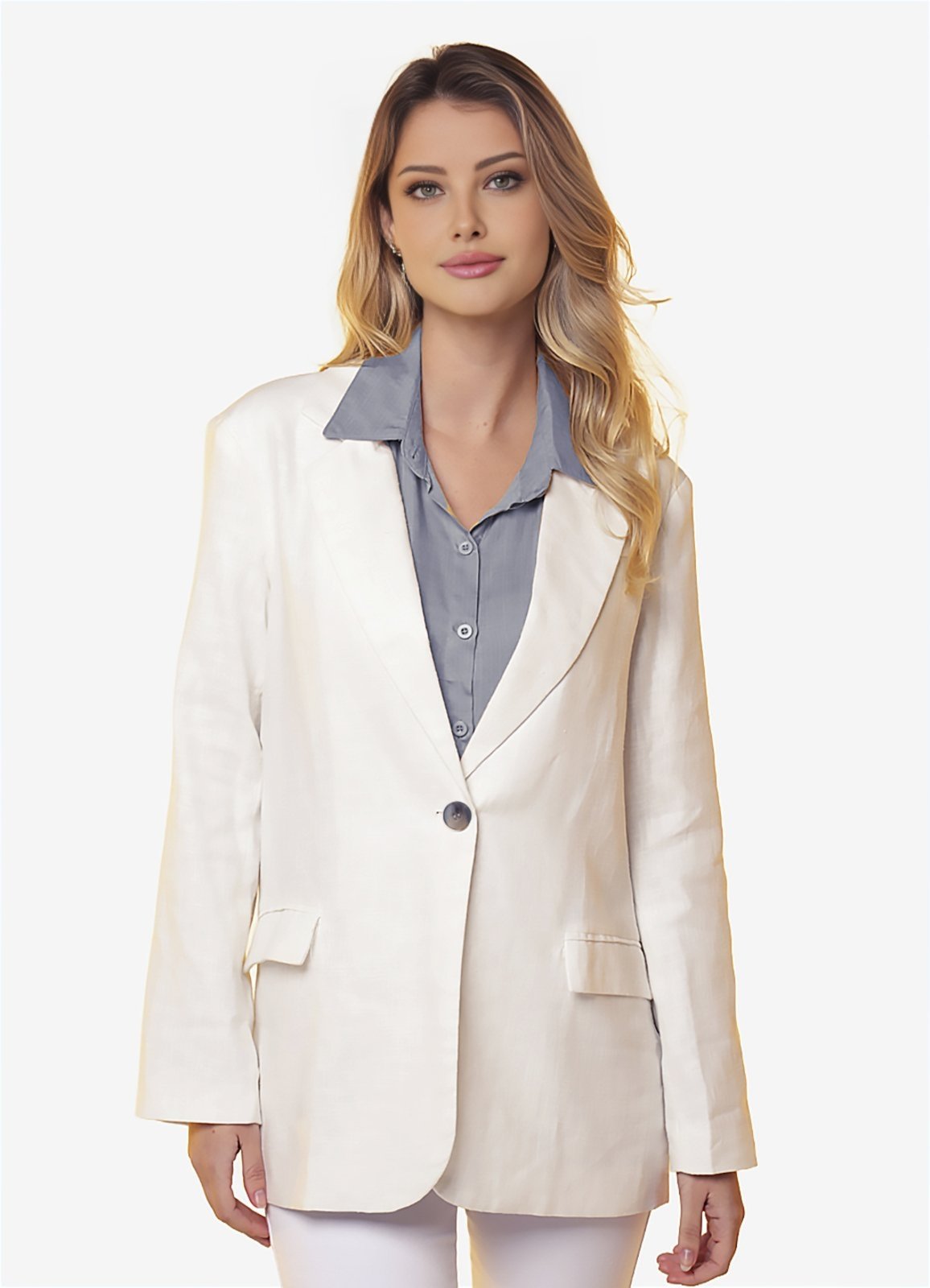 Vista 3 Blazer de Linho Puro Feminino Sob Longo com Bolsos branco SOB branco