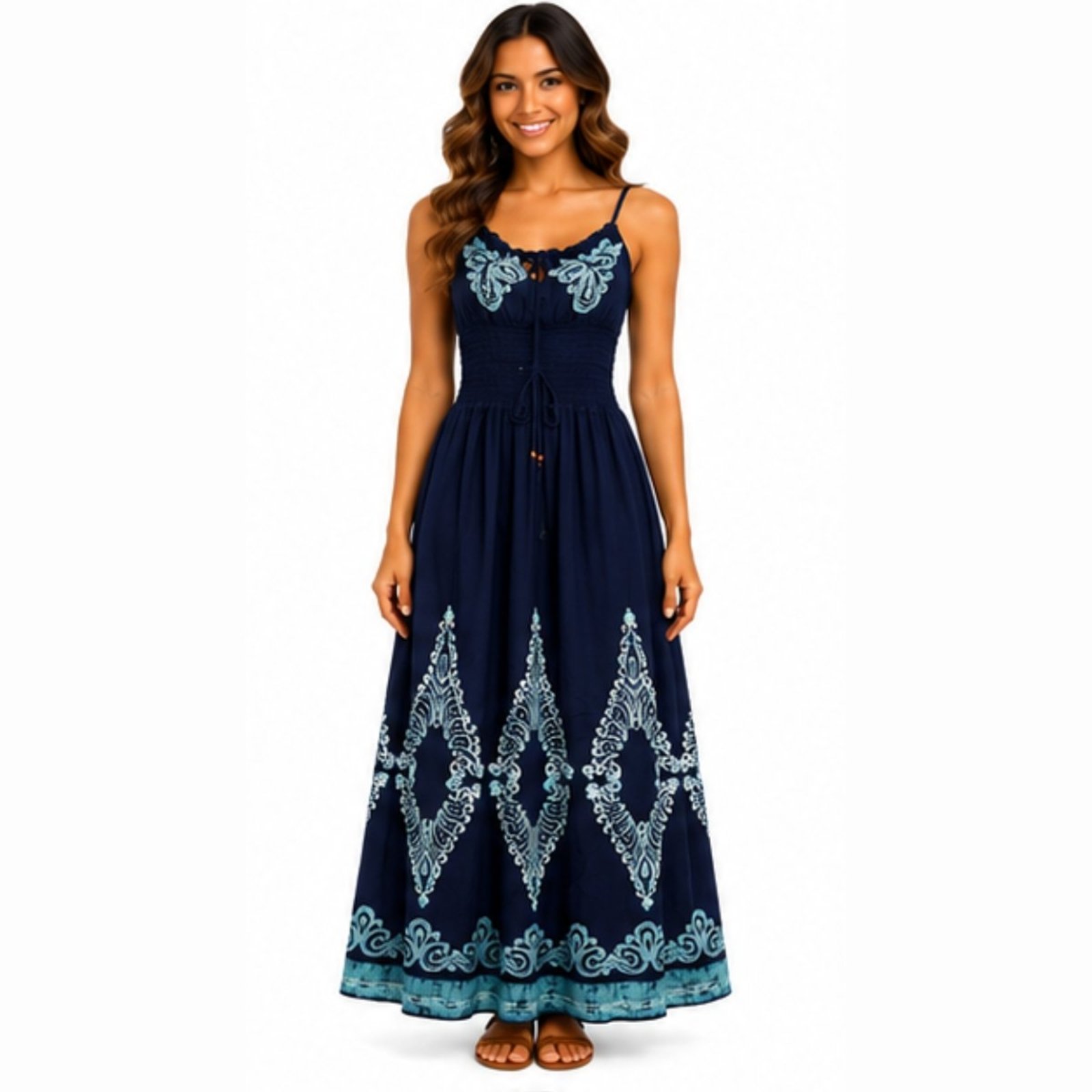 Vestido Feminino Longo de Alça com Lastex Estilo Boho Indiano Azul Marinho