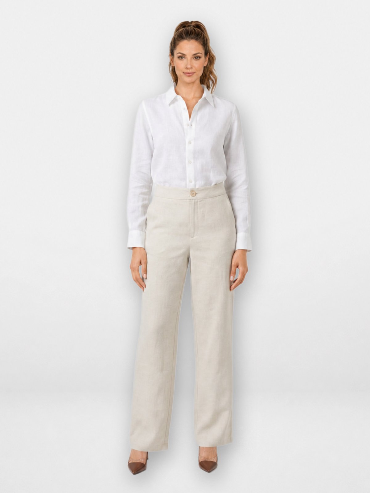 Calça Pantalona Feminina Pompier Alfaiataria em Linen Rústico Bege