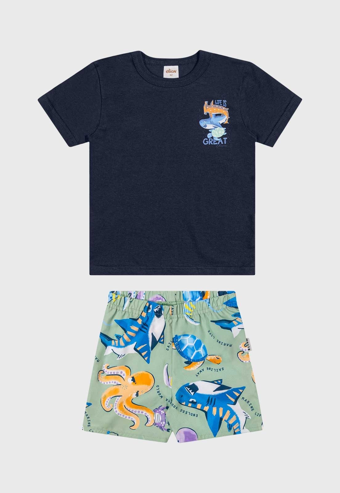 Infantil - Conjunto Curto Elian Blusa Estampa Vida Marinha e Short