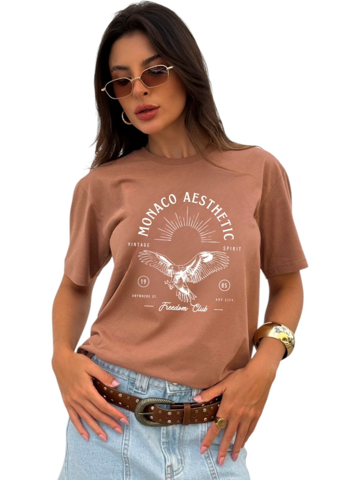 Camisa Feminina Cianitas Marrom Estampa Águia Monaco 100% algodão