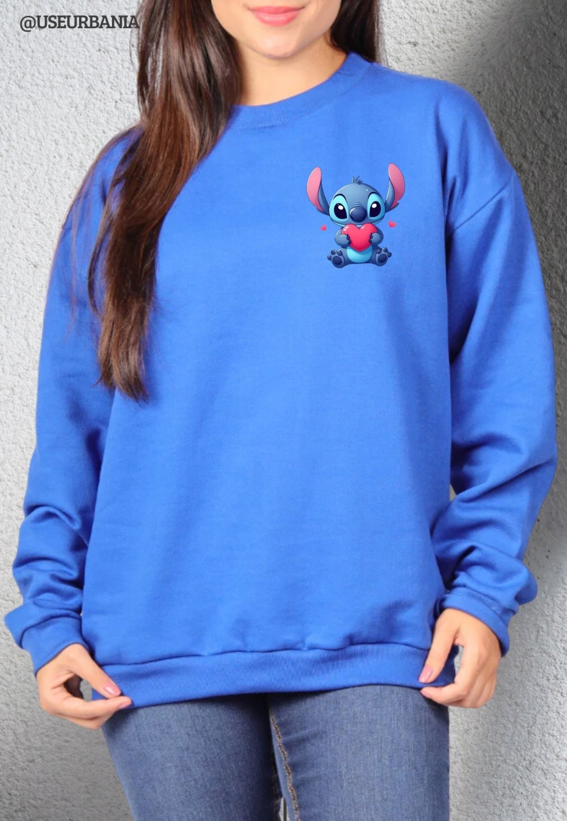 Blusa de Frio Moletom mooboo Flanelado Estampado Gola Redonda Moleton urbania Clássico Gola Careca Casaco Blusão Premium Azul Royal Bic mescla Estampa Stitch coração