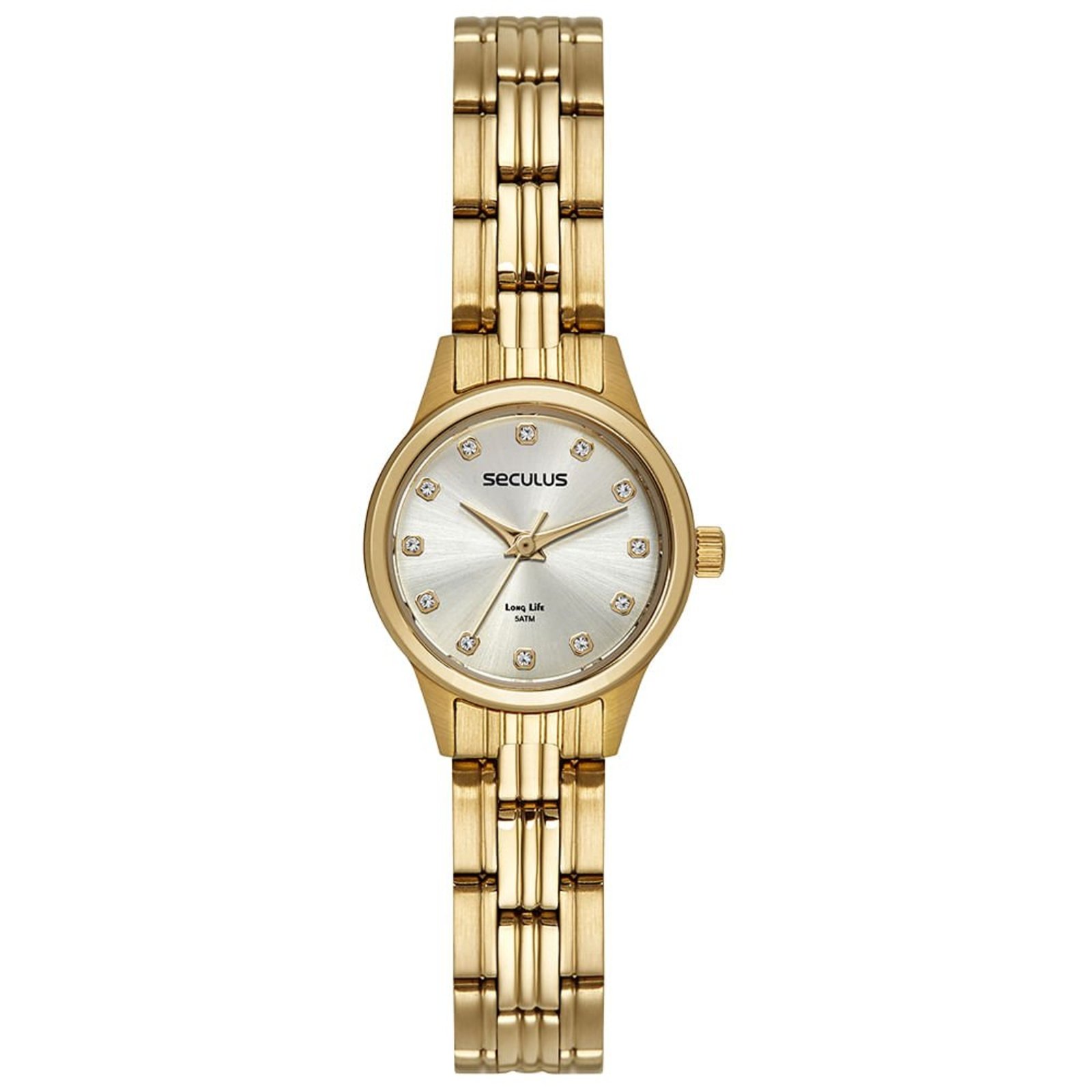 Relógio Feminino Aço Marcadores em Cristais Dourado Seculus