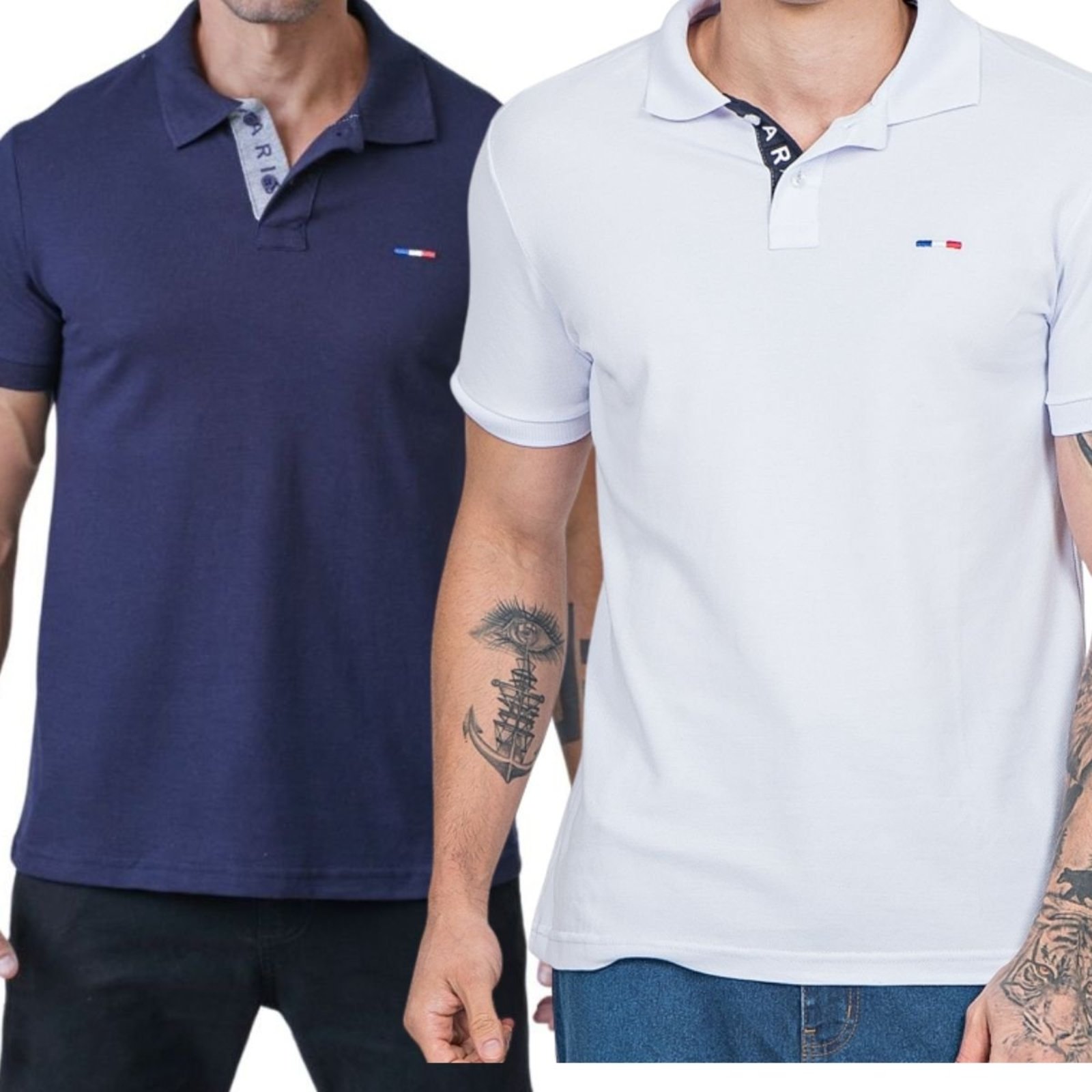 Kit 2 Polos Masculina Básicas Branco e Marinho Bordado França