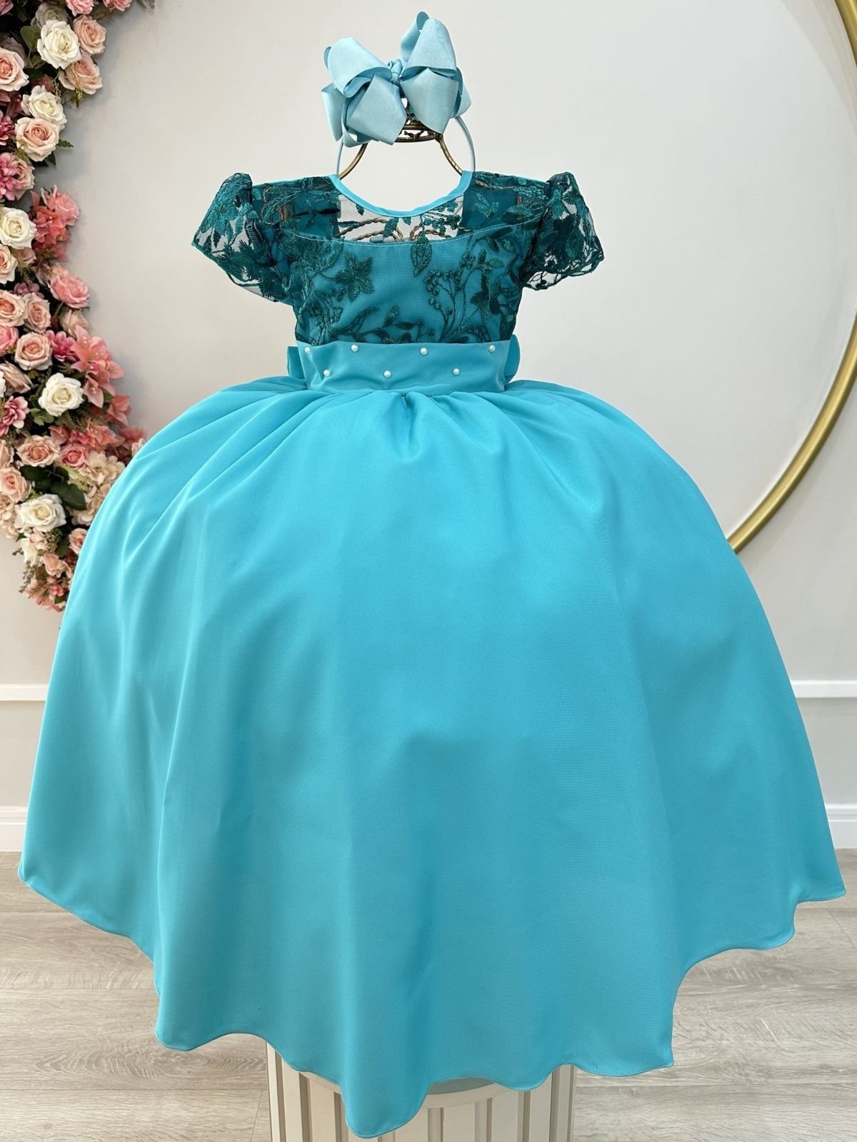 Infantil - Vestido Festa Longo Verde Azul Turquesa Tiffany Formatura Pérolas Casamento Renda Social Menina Juvenil Dama Daminha Princesa Rodado Florista Aniversário Luxo