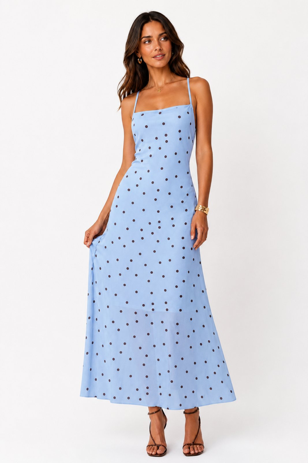 Vestido Longo D Bell Outlet Fashion Alça Fina Poá Claro