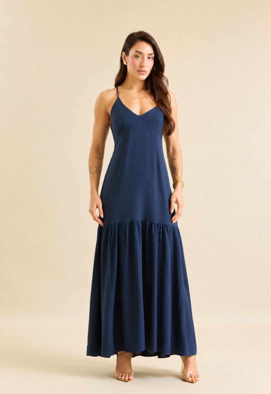 Vestido Longo Feminino com Fenda Frontal e Alças Lemier Collection Marinho