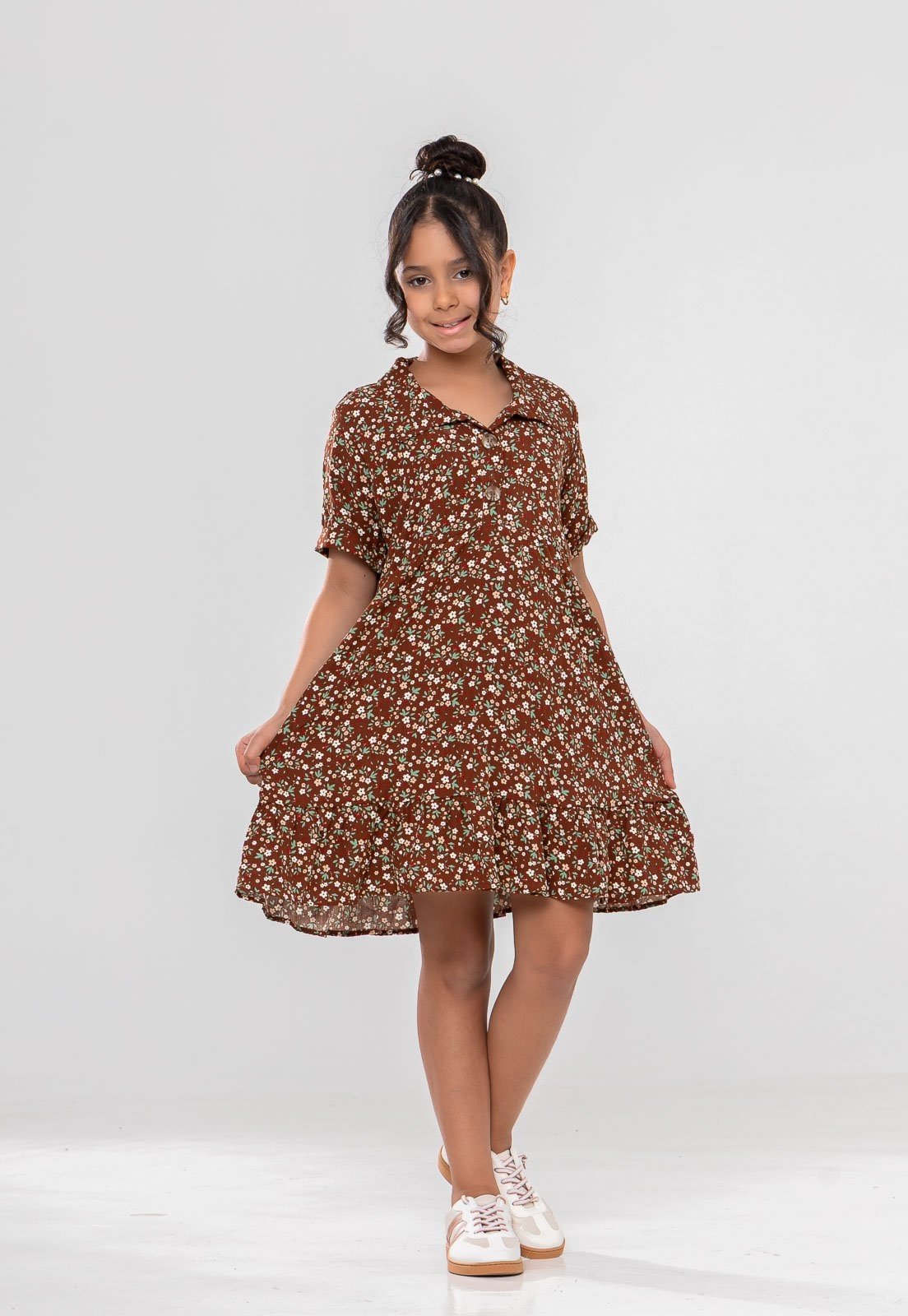 Infantil - Vestido Aura Rafaela Chemise Floral Mini Marrom