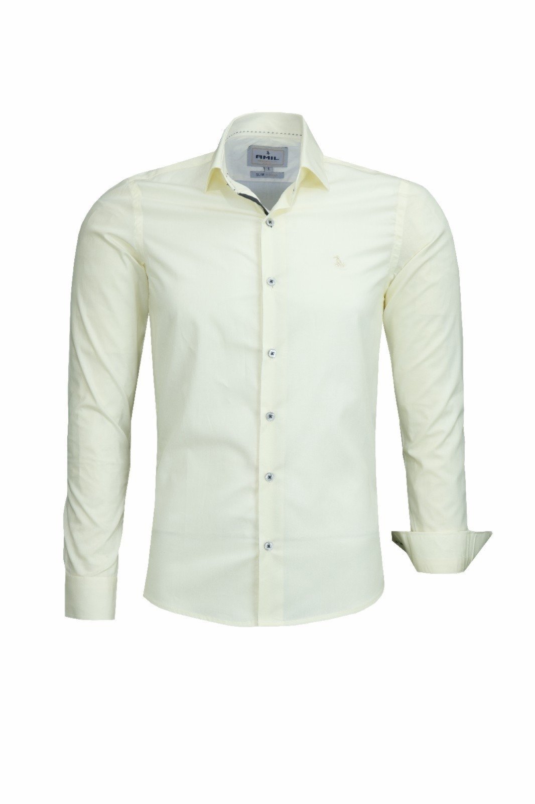 Camisa Manga Longa Amil Cinema Modelagem Slim Tecido Liso Algodão 1871 Creme