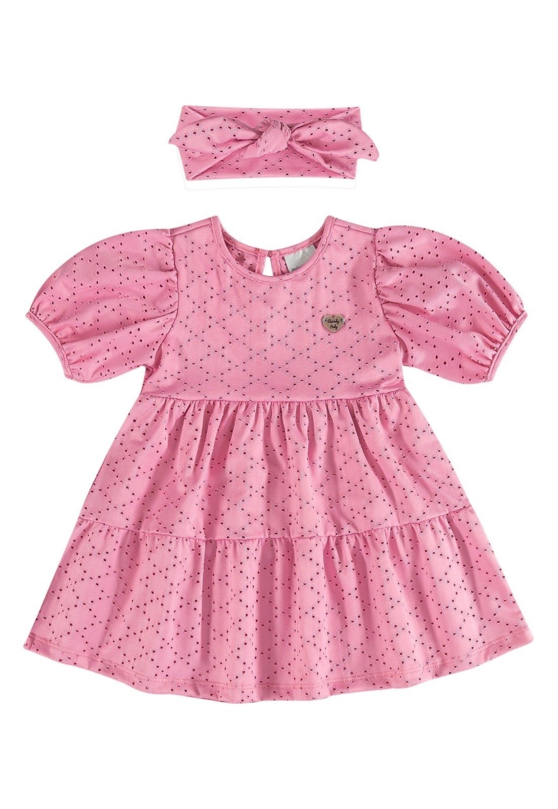 Infantil - Vestido de Manga Curta e Faixa de Cabelo Quimby Rosa