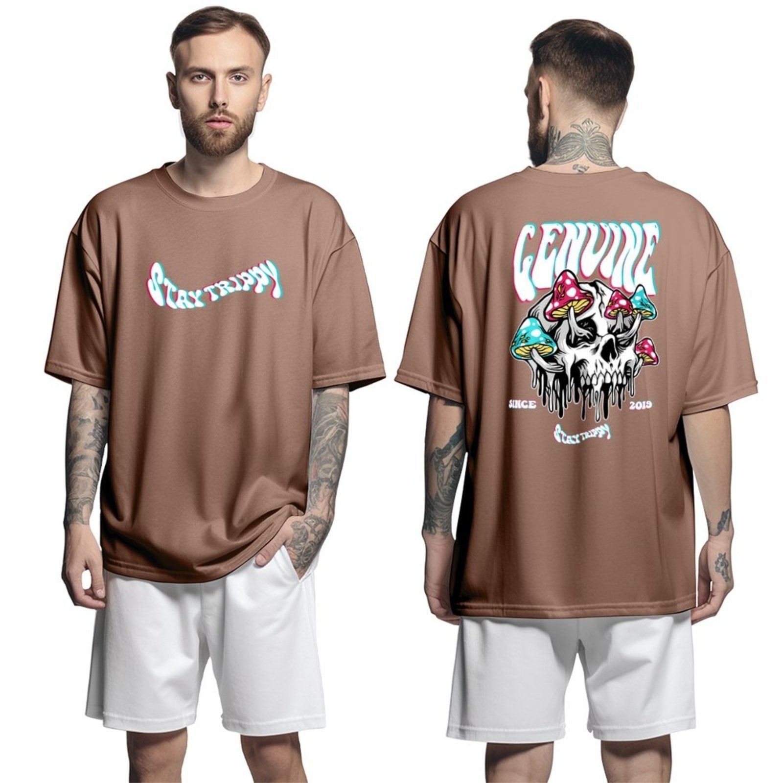 Camiseta Oversized Genuine Grit Masculina Streetwear 100% Algodão 30.1 Stay Trippy – Marrom – P
