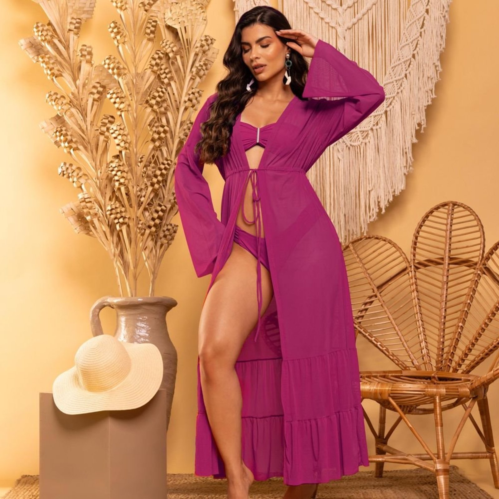 Vista 3 Saída de Praia de Tule Fúcsia Donna Carioca rosa Donna Carioca rosa