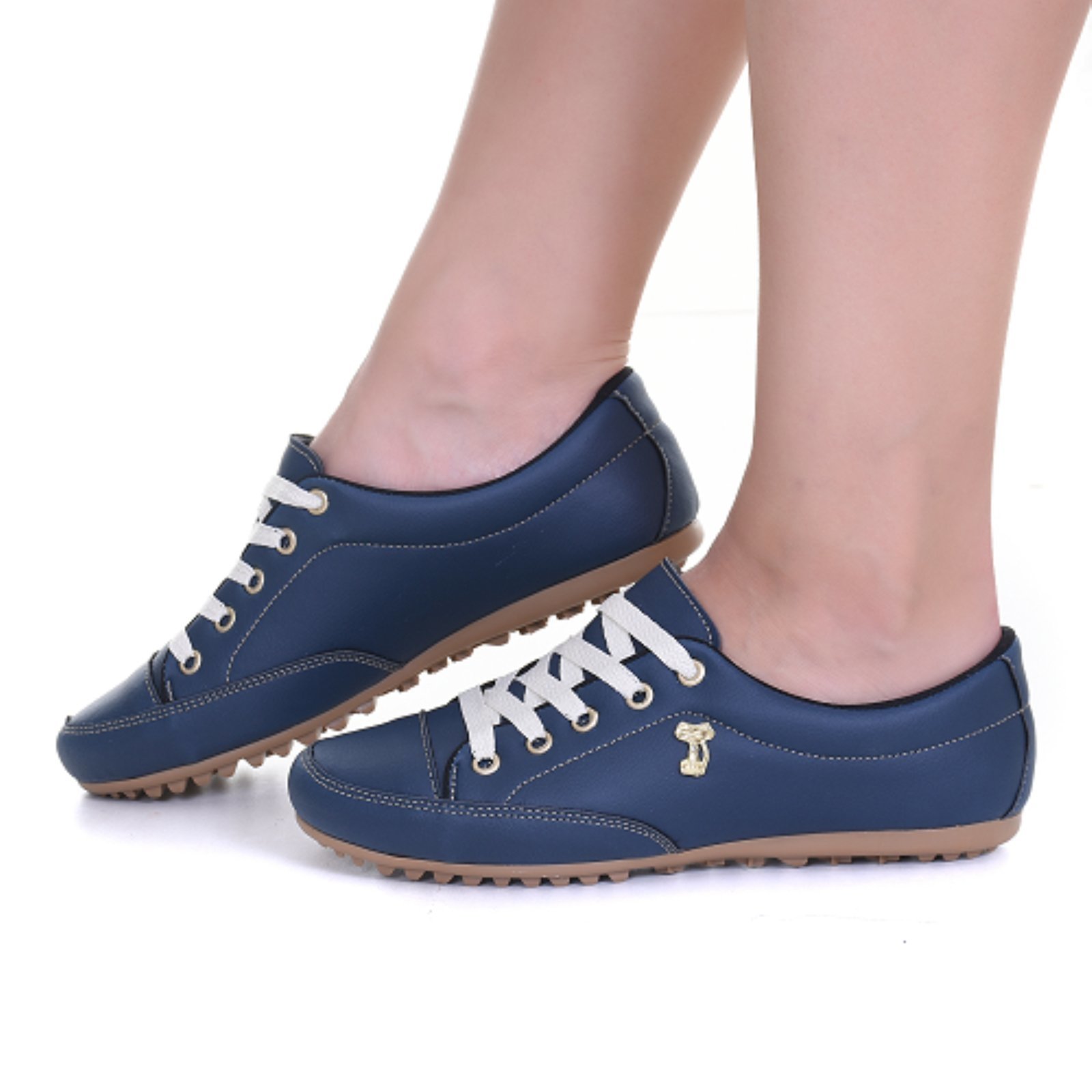 Sapatênis Feminino Comfort Casual Cadarço Cor Azul Marinho Broche