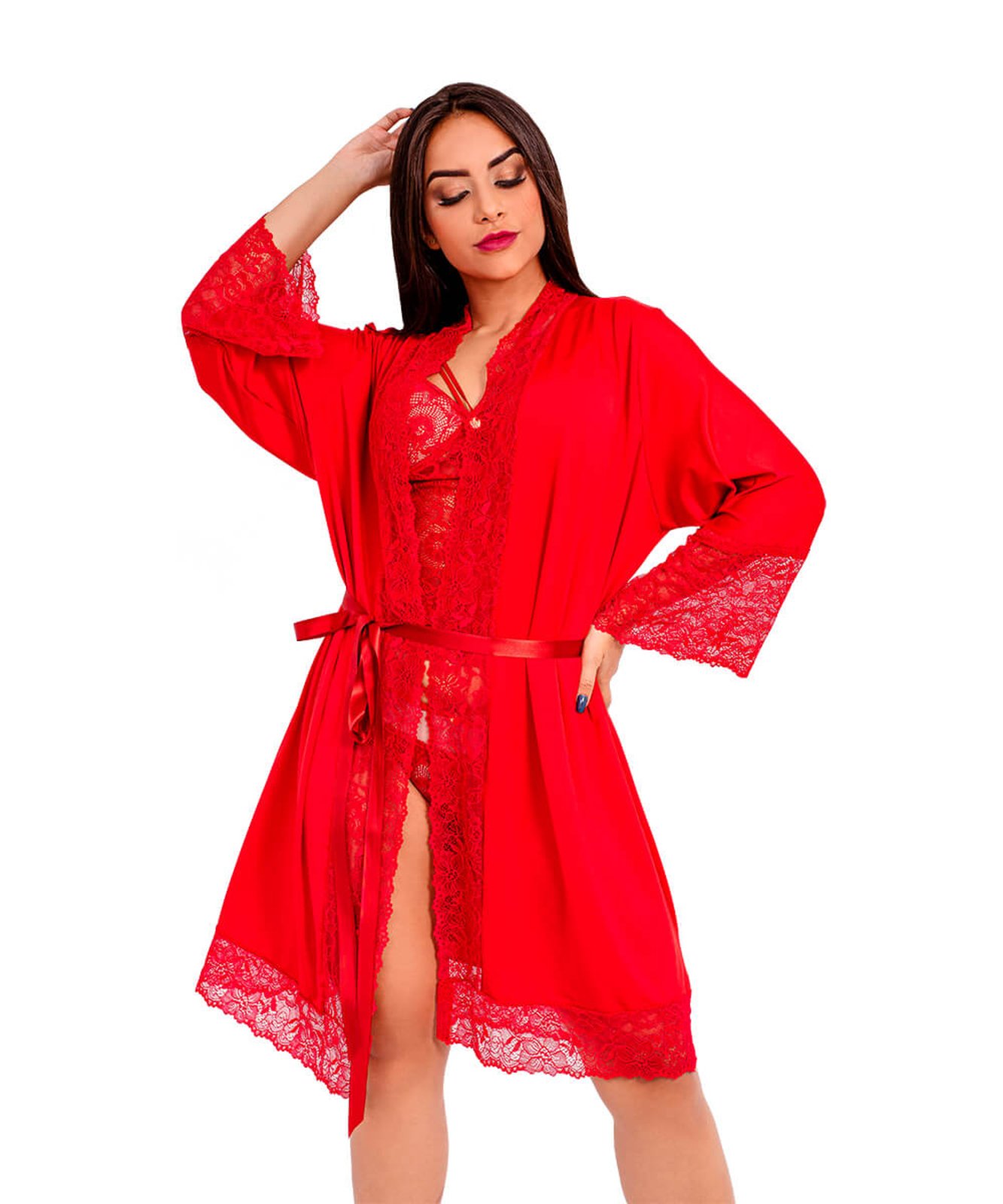 Robe IMI Lingerie Roupão Noiva Madrinha Com Renda Manga Longa Florallys Vermelho