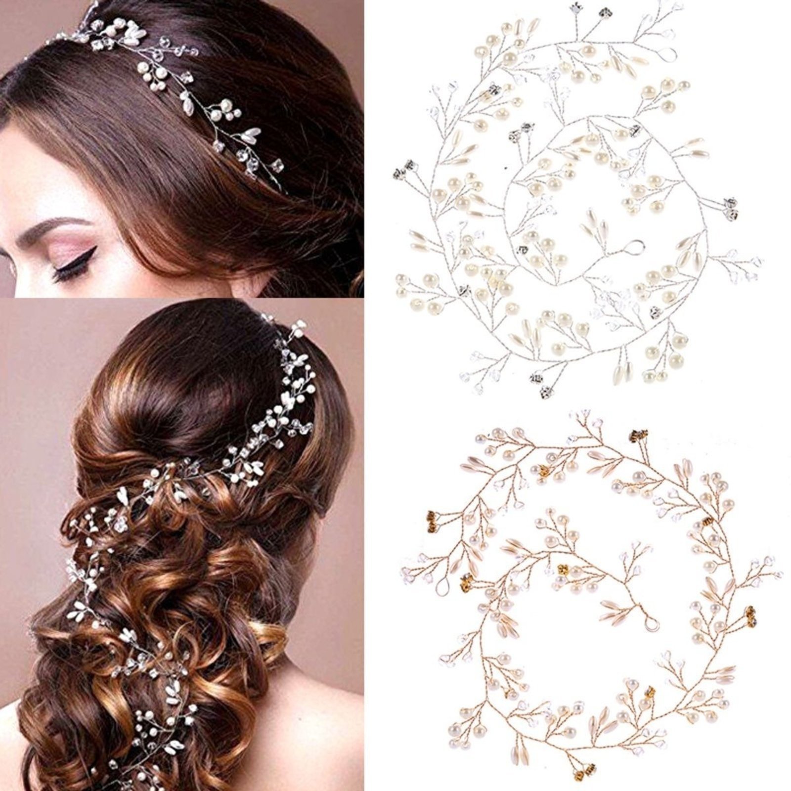 Tiara Arranjo Cabelo Noiva Pérola Fio Strass Cristal Pratead – Prateado
