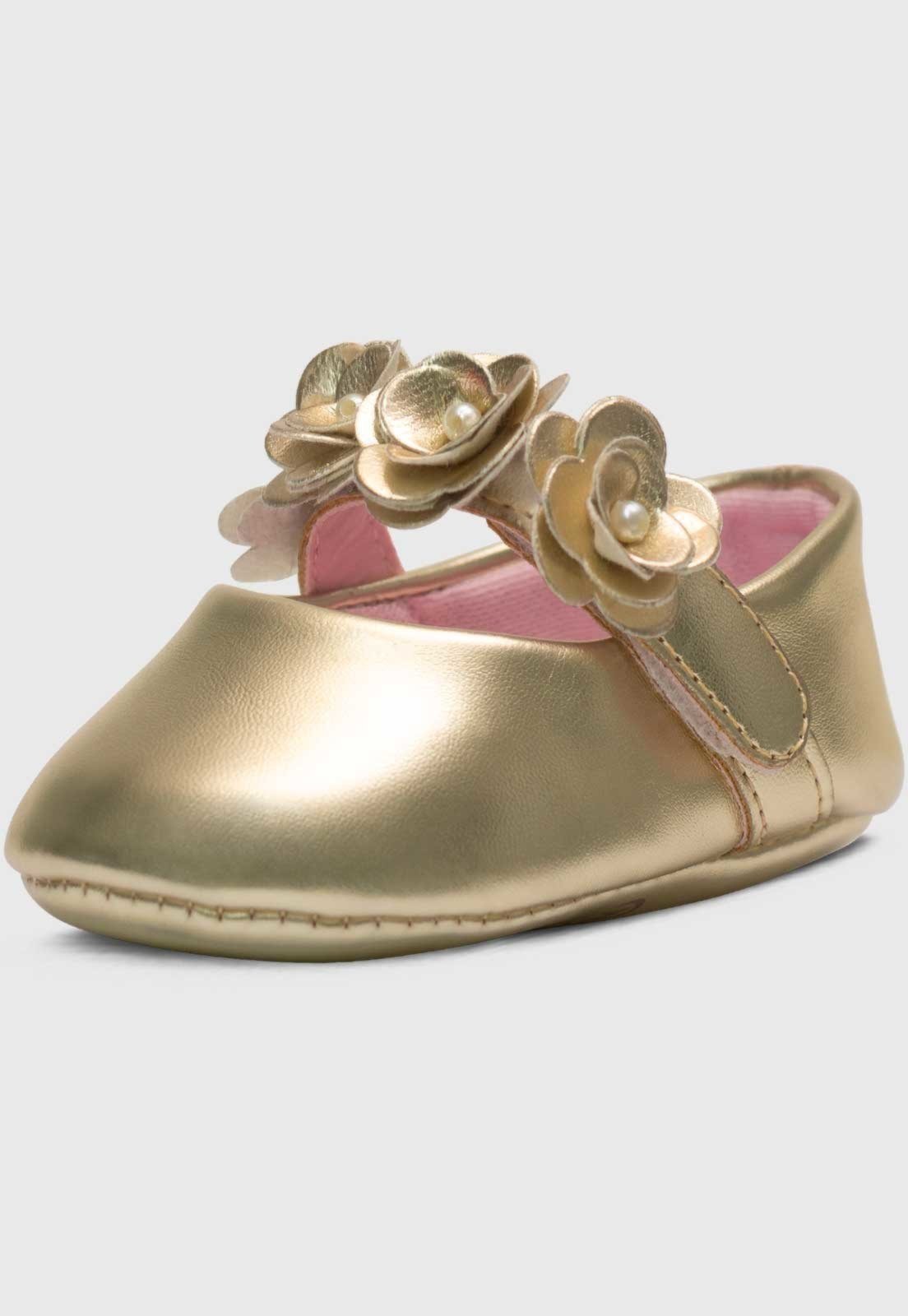 Infantil – Sapatinho Pópidi Menina Sapatilha Flores Dourado