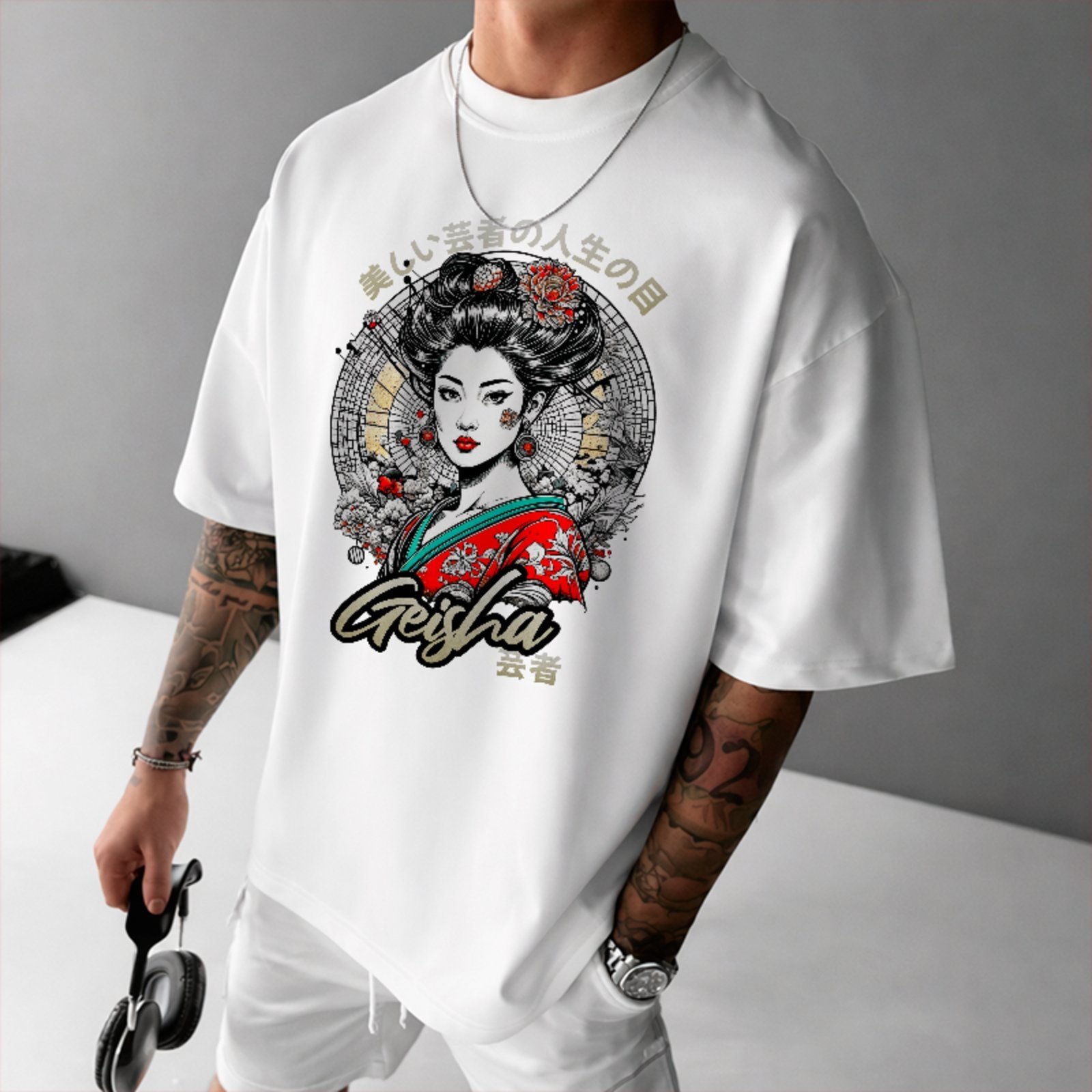 Camiseta Oversized Premium Geisha Arte Oriental Urban Style Unissex Branco