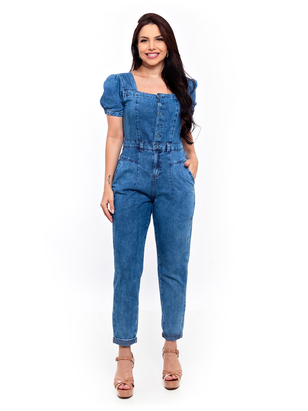 Macacão Slouchy Restrito Jeans Manga Princesa – AZUL MÉDIO