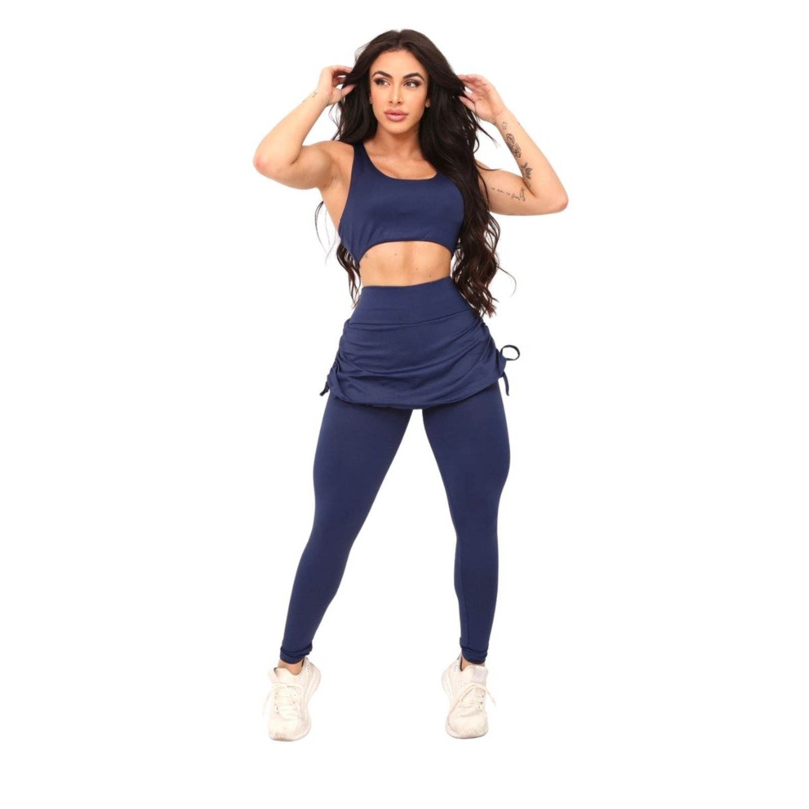 Conjunto Feminino Vih Triny Top e Legging Saia Repuxada Moda Fitness Preto