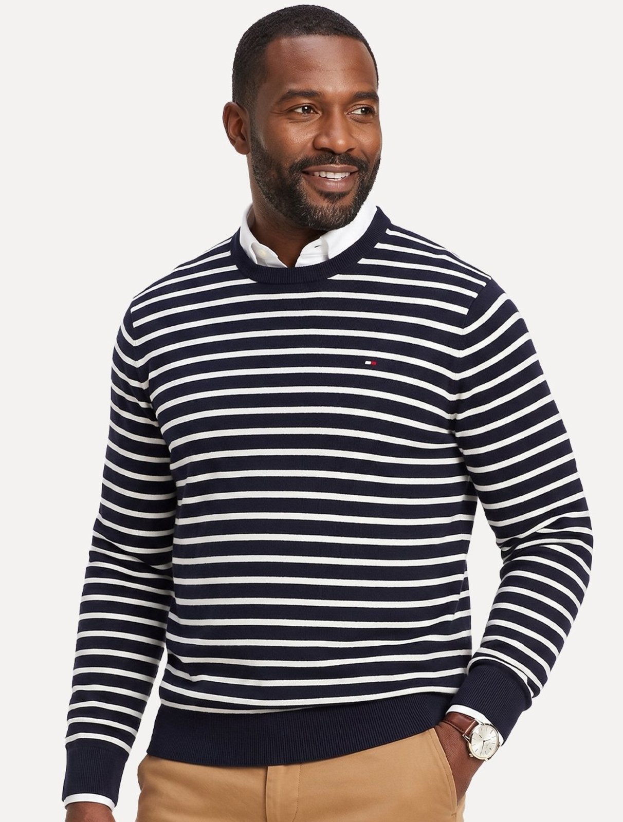 Suéter Tommy Hilfiger Masculino Crewneck Essential Cotton Listrada Azul/Branco