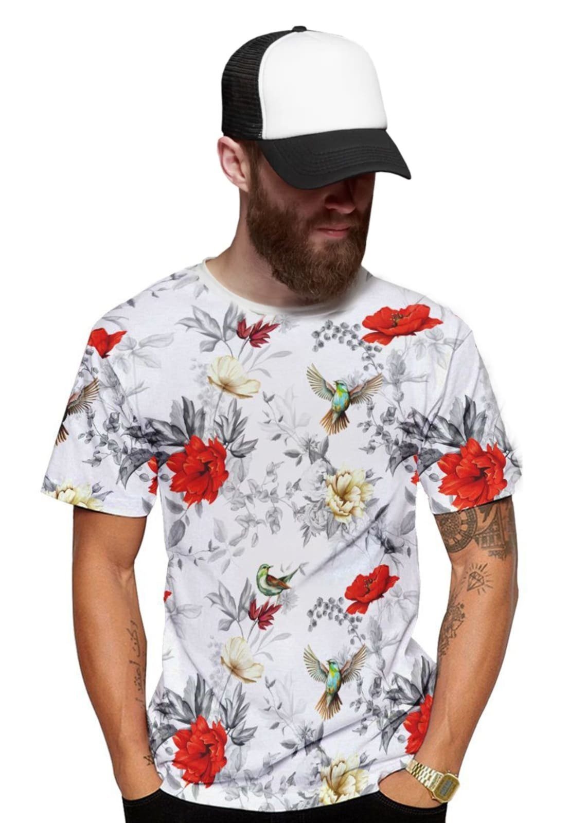 Camiseta Di Nuevo Beija Flor Branca e Rosas Vermelhas Branca