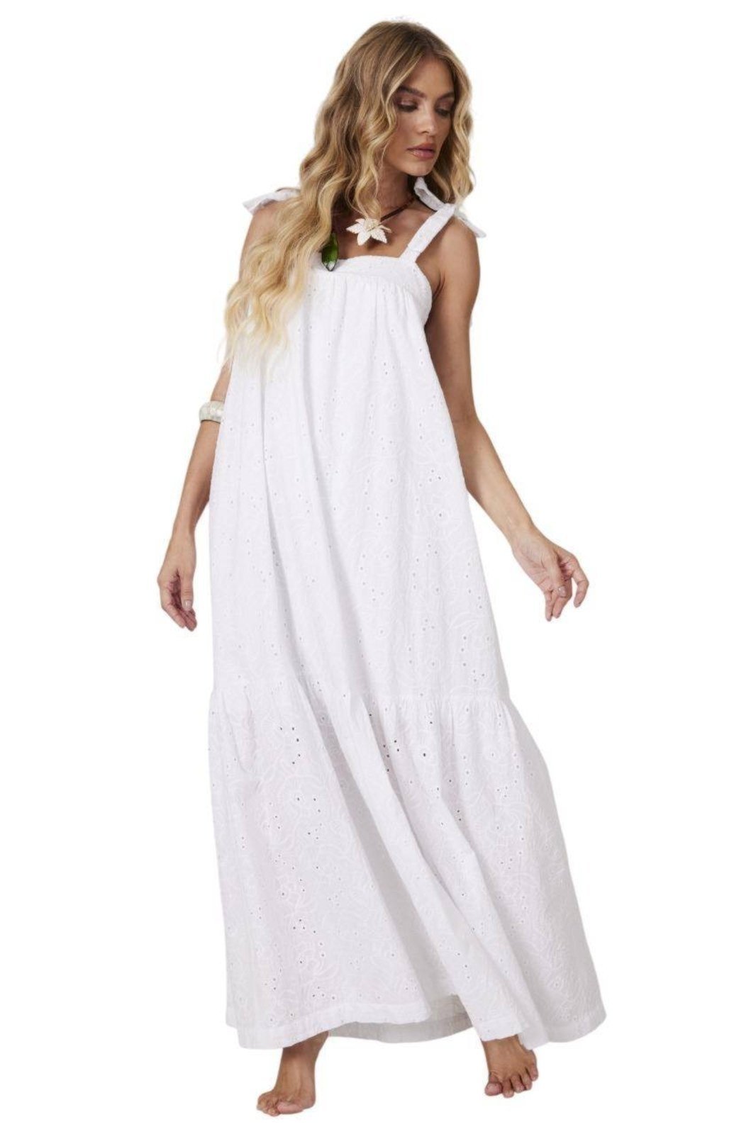 Vestido Longo De Alças Broderie Branco Yacamim D28 – Branco