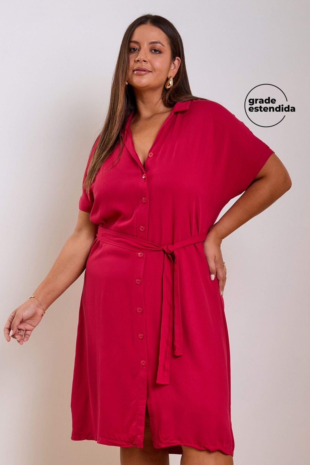 Vestido Feminino Midi Chemise Com Faixa Marialícia Vermelho