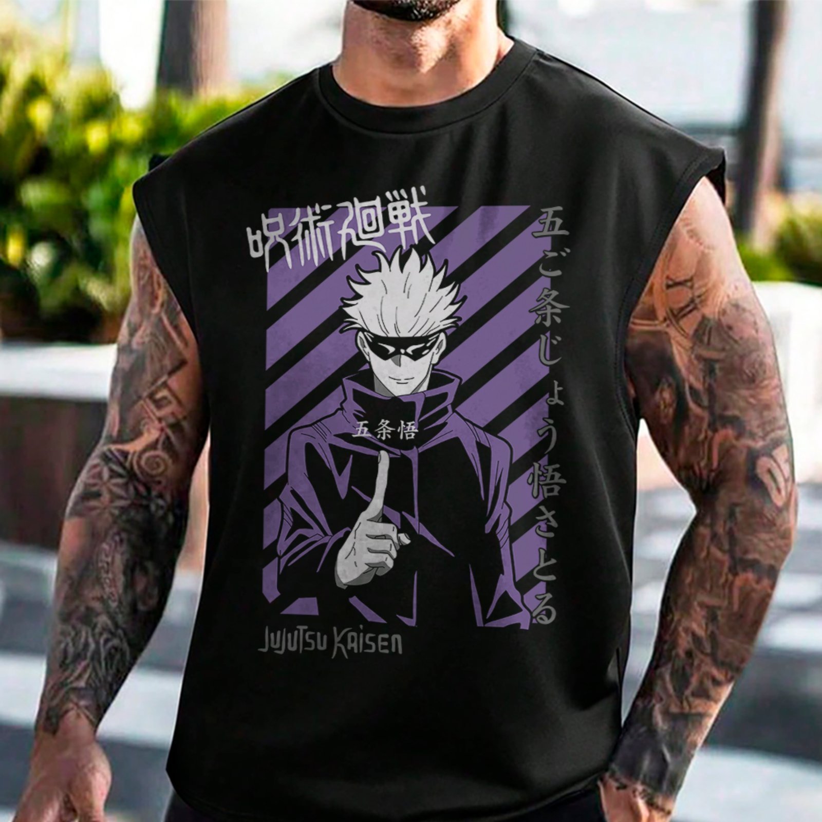 Camiseta Regata Machão Anime Satoru Gojo Feiticeiro Mais Poderoso Jujutsu Kaisen Masculina Preto