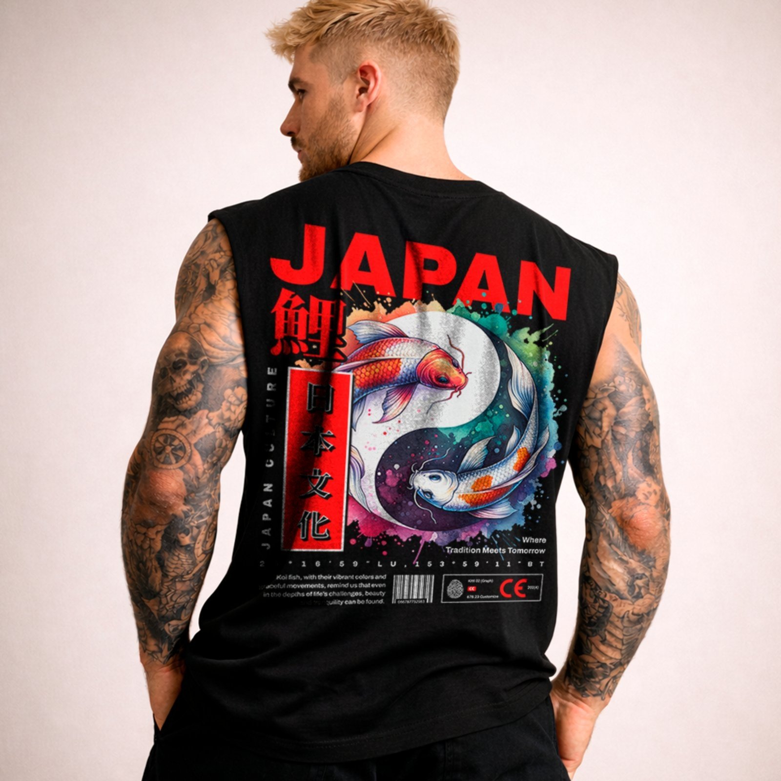 Camiseta Regata Machão Japão Koi Fish Yin Yang Street Preto