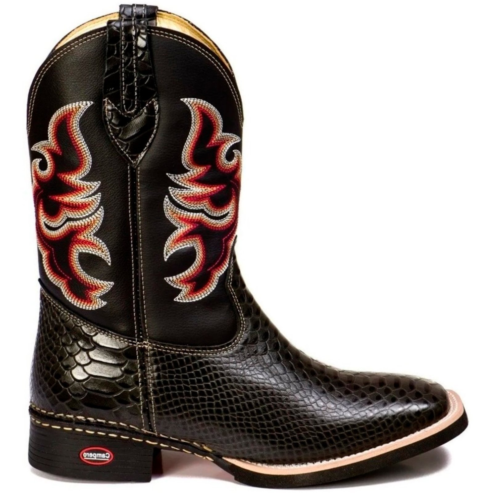 Bota Texana Couro Campero Bico Quadrado Anaconda Preto