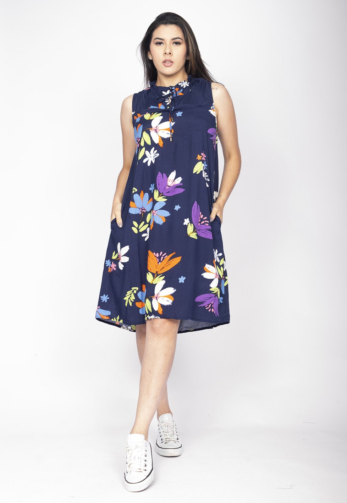 Vestido Midi Cabanafree Viscose Piaf Estampa Festa das Flores Azul