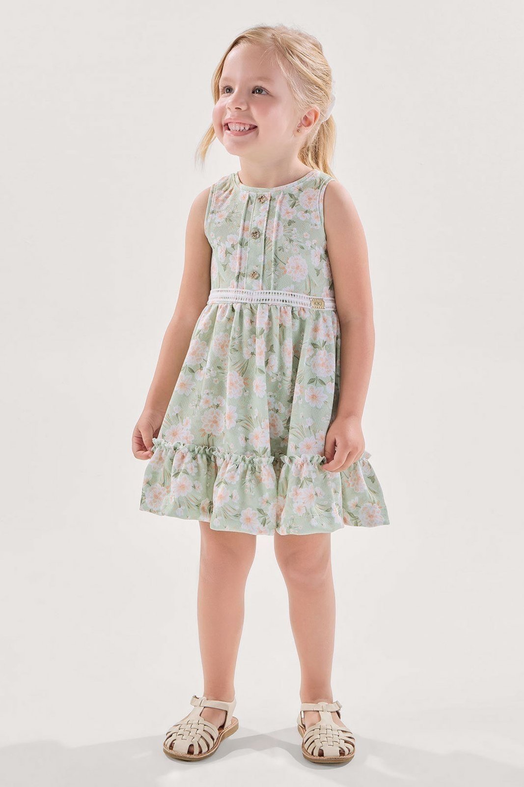 Infantil - Vestido Verde Texturizado com Cinto de Renda