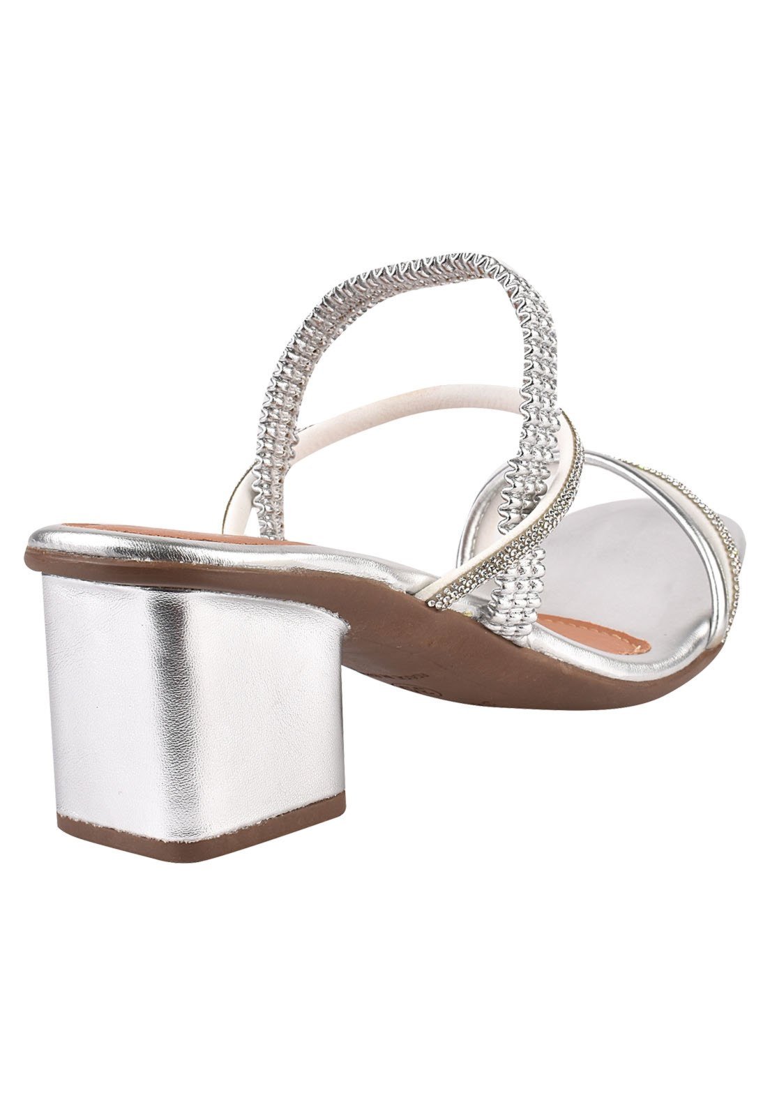 Sandália Salto Grosso Rosa Chic Calçados Salto Baixo Bloco Elástico Calce Fácil Brilho Strass Bico Quadrado Branco