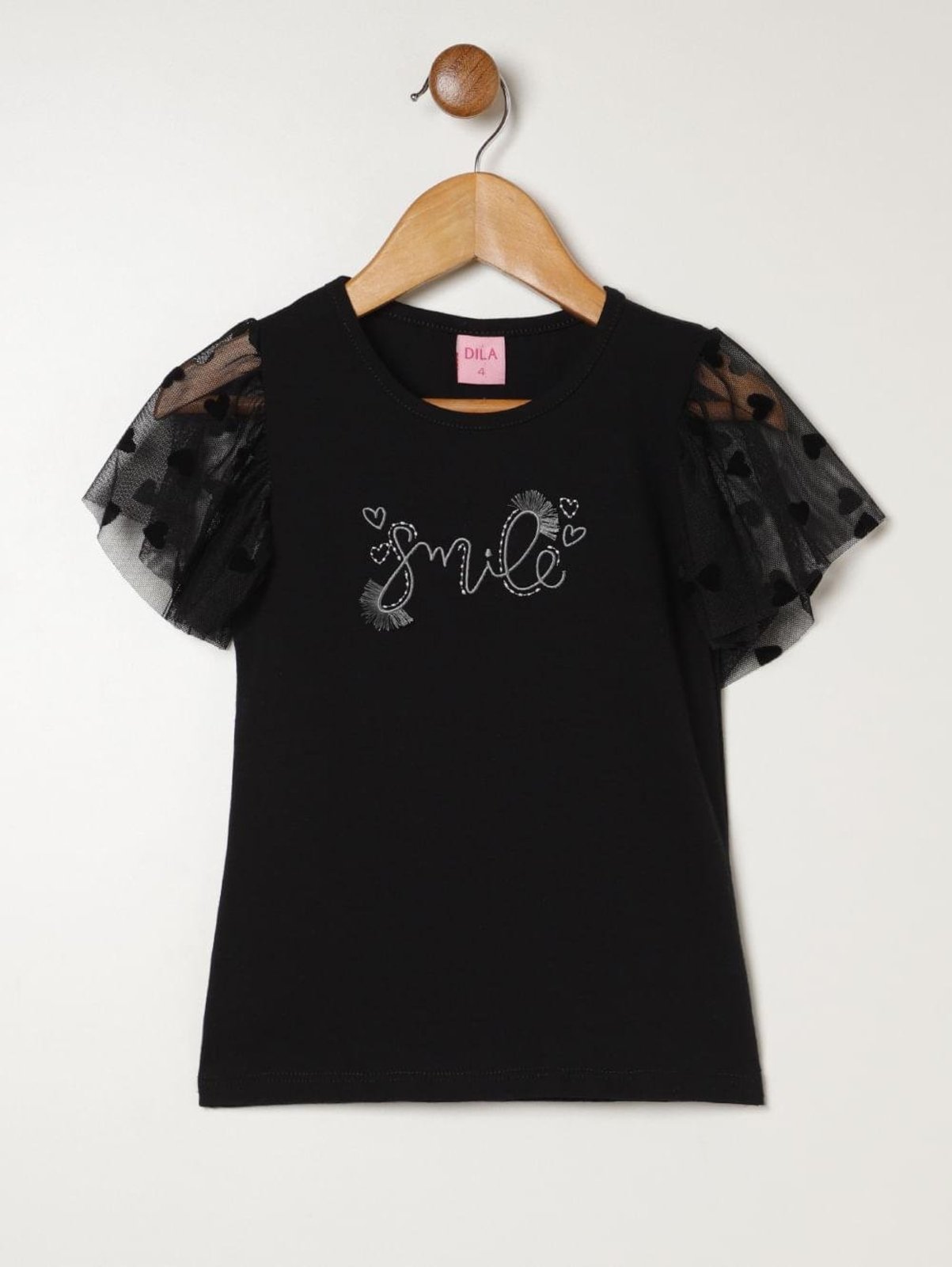 Infantil - Blusa Cotton Manga Curta Para Menina - PRETO