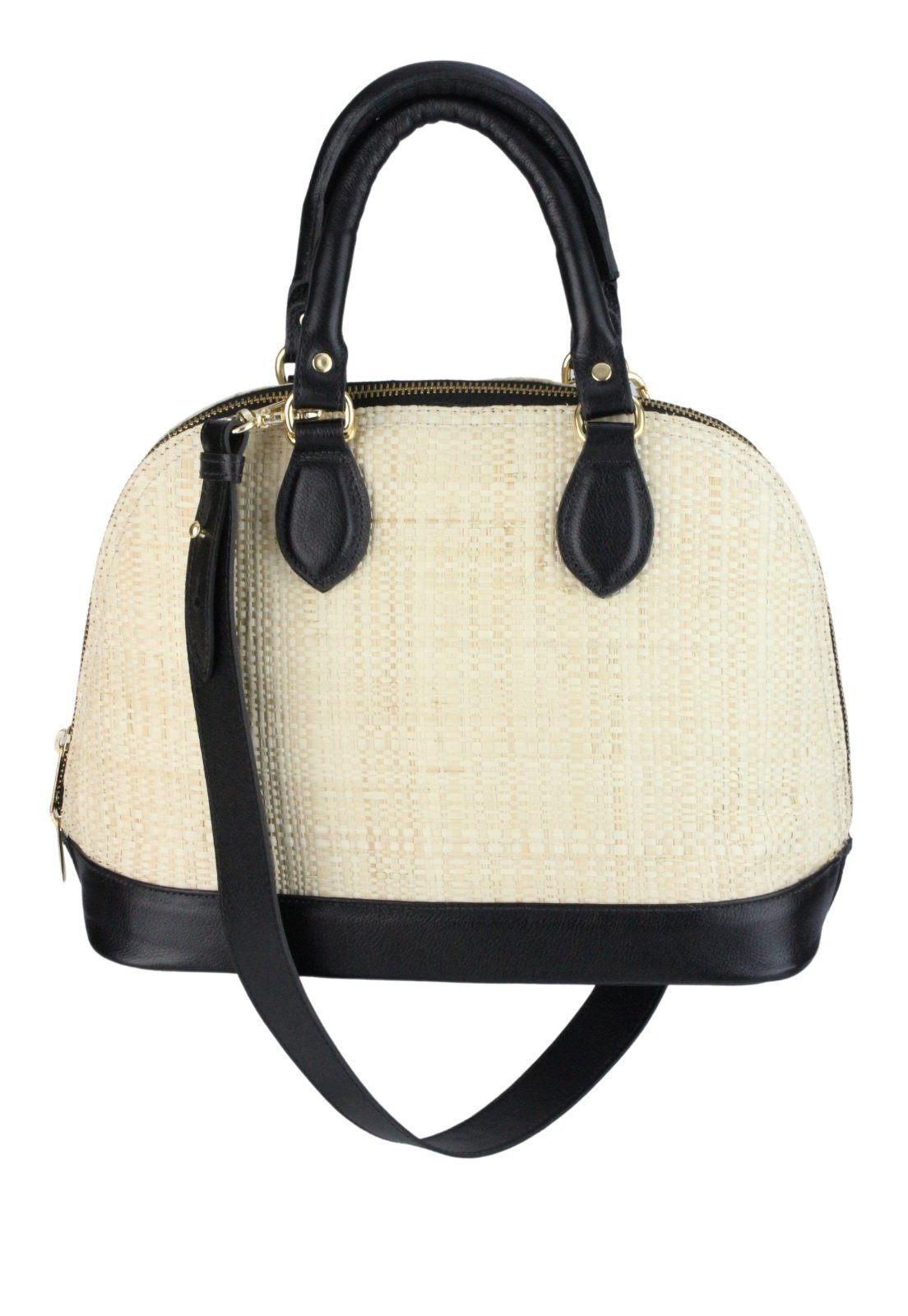 Bolsa Nua Duza Couro e Palha Natural Preto