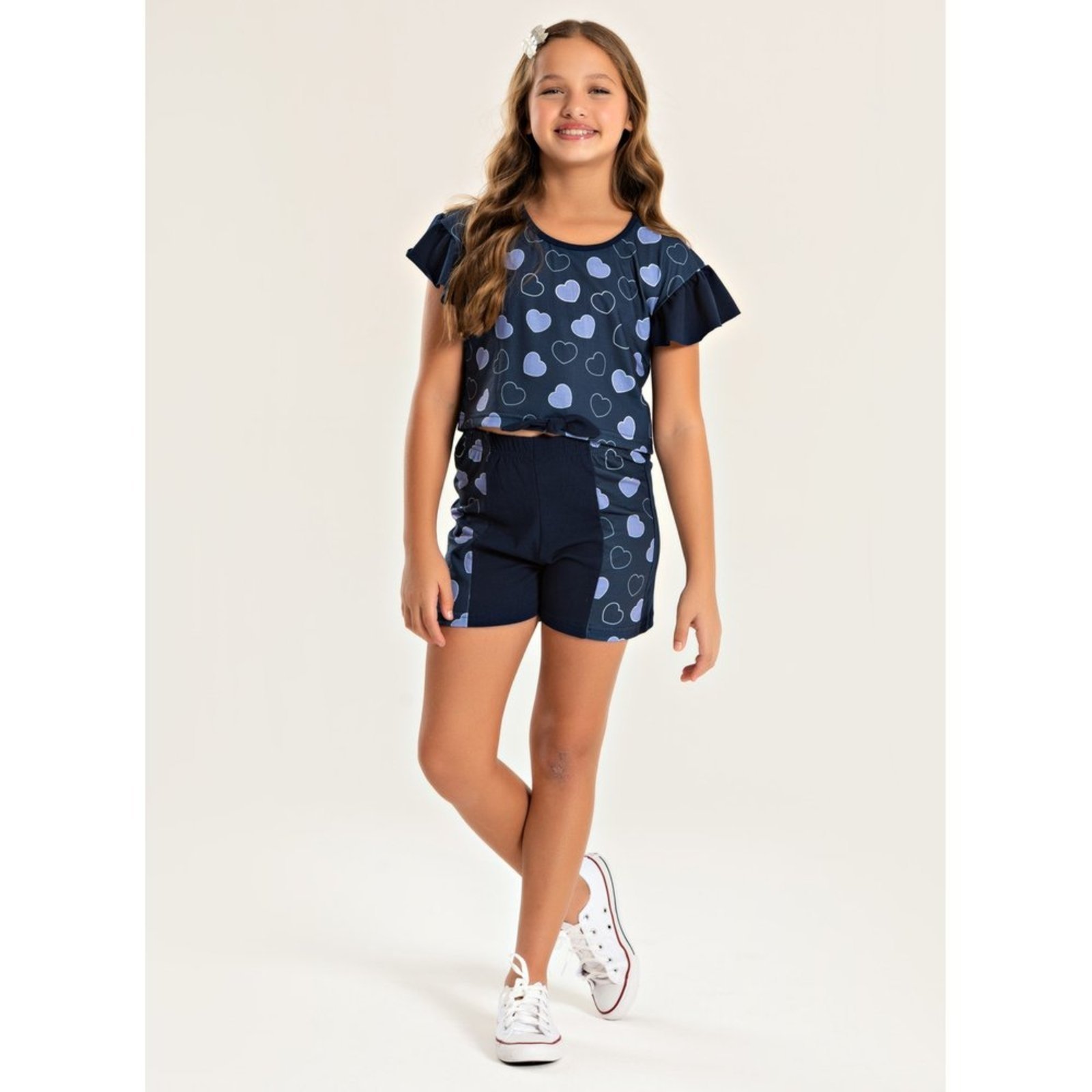 Infantil – Conjunto Verão Menina Marinho Cropped Com Amarração e Shorts Com Recorte Corações