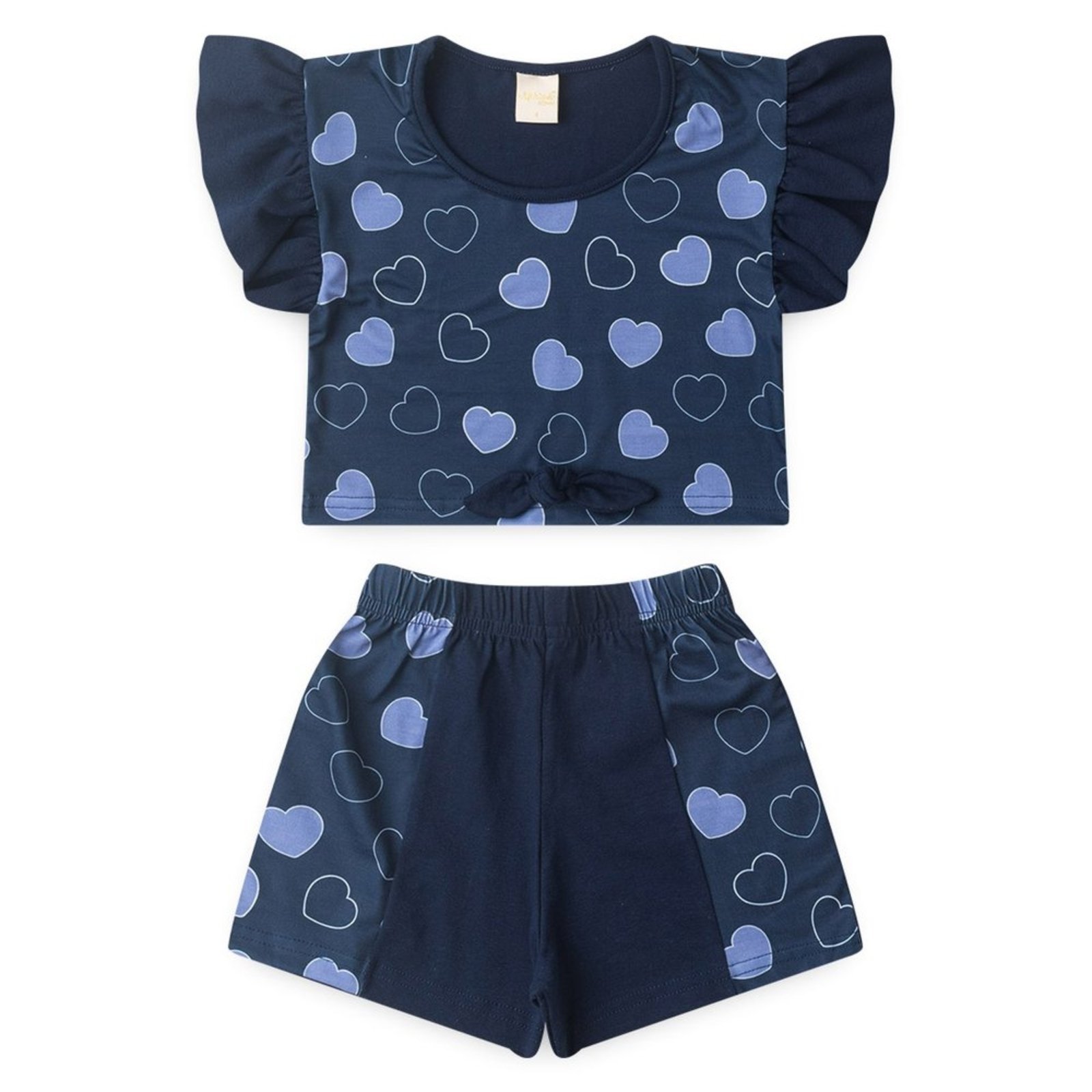 Vista 3 Infantil - Conjunto Verão Menina Marinho Cropped Com Amarração e Shorts Com Recorte Corações Molekada azul Molekada azul