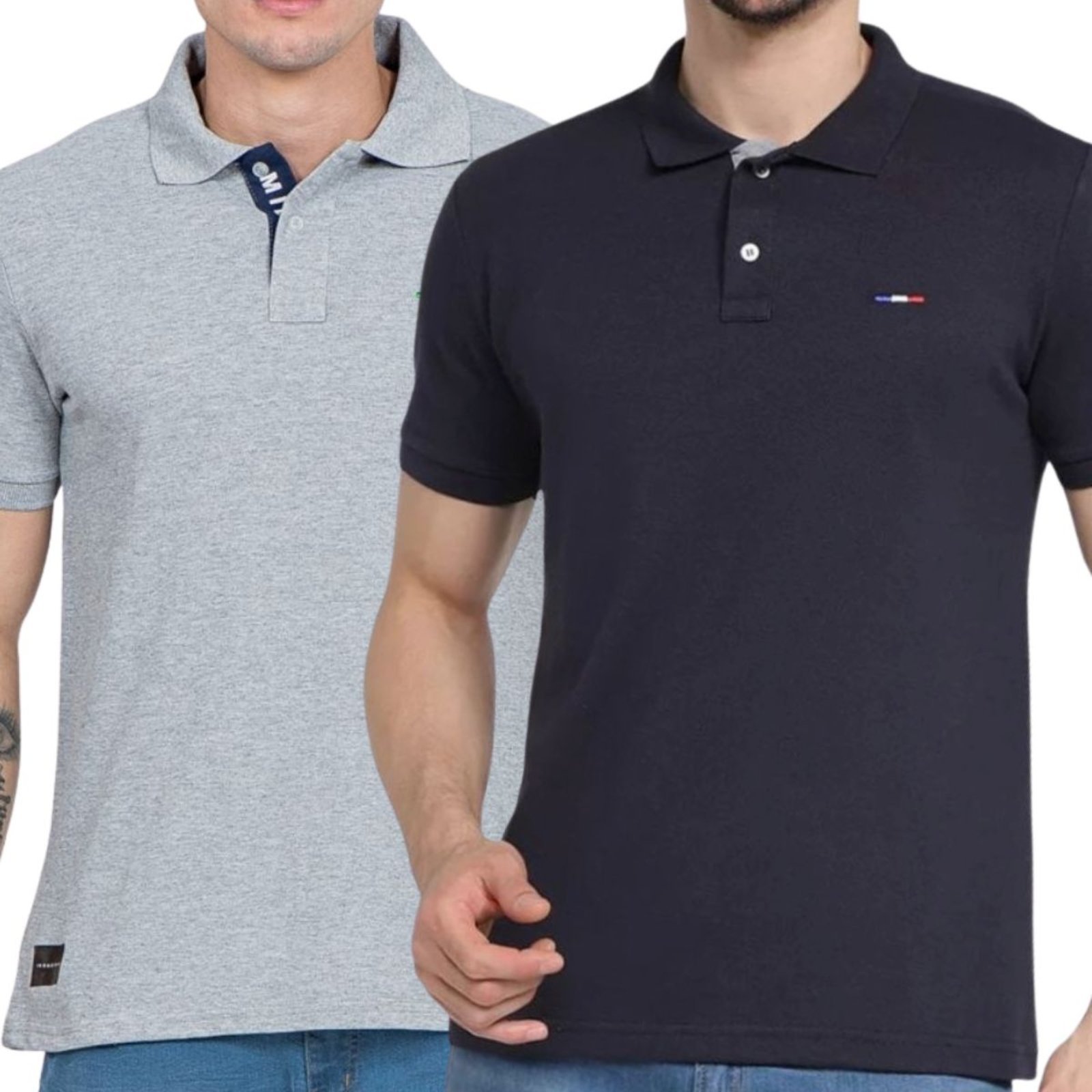 Kit 2 Polos Masculina Básicas FMF Cinza e Preto Piquet no Estilo Tommy Bordado França