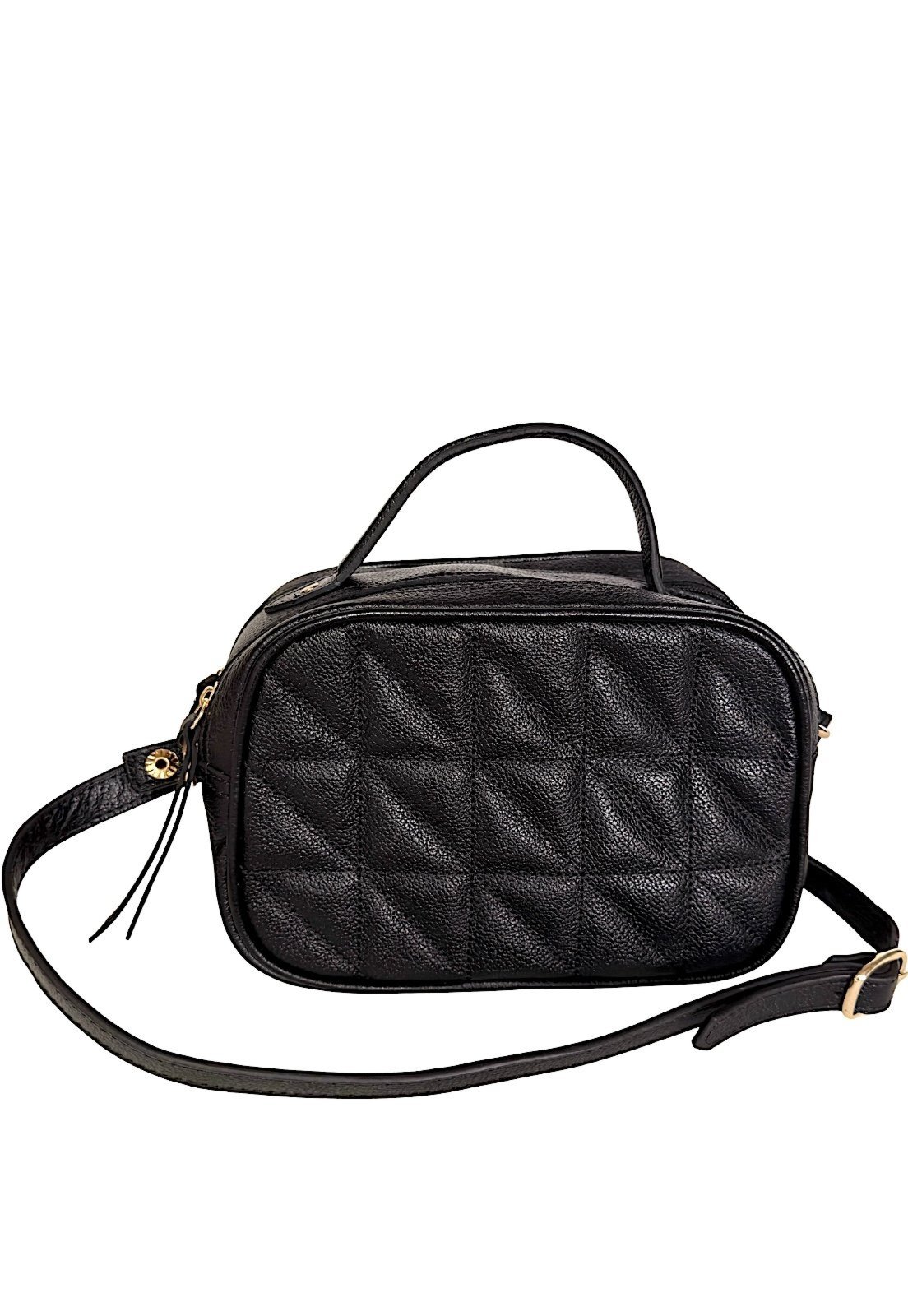 Bolsa Transversal em Couro Legítimo Preta com Matelassê e Duas Divisórias