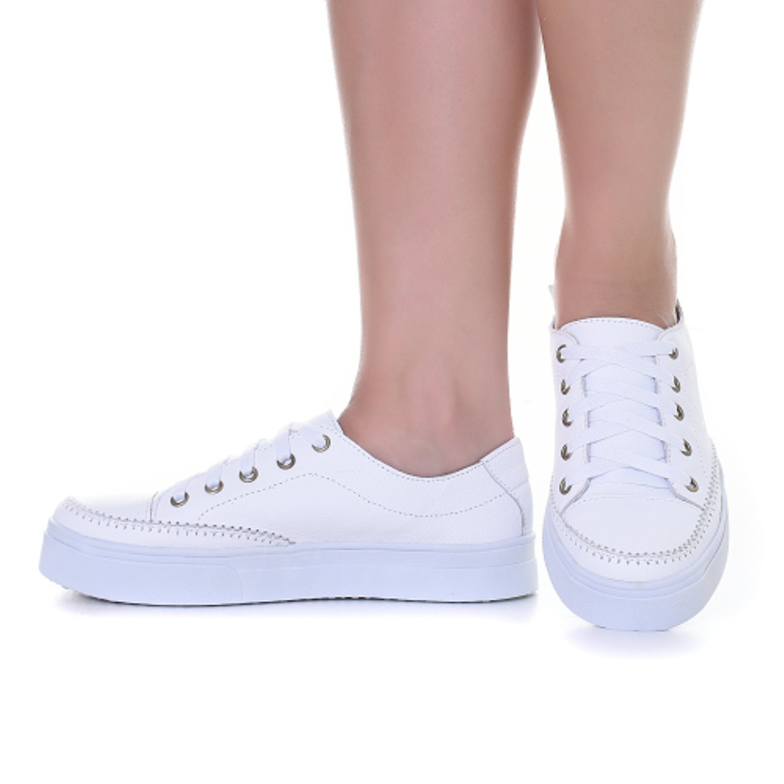 Tênis Feminino Branco Sola Alta De Couro Cadarço