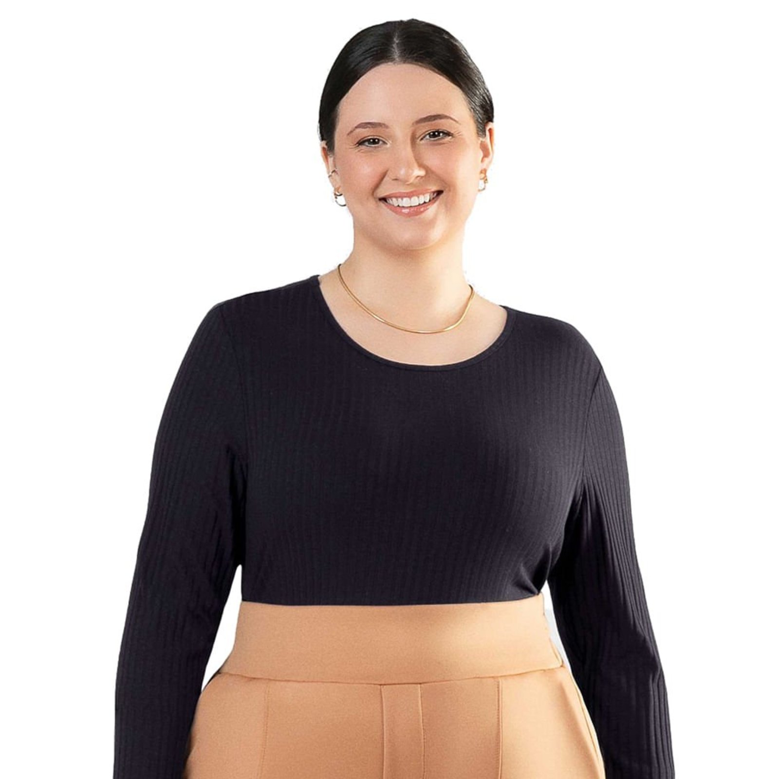 Blusa Feminina Cativa Plus Size Manga Longa Canelada Preto