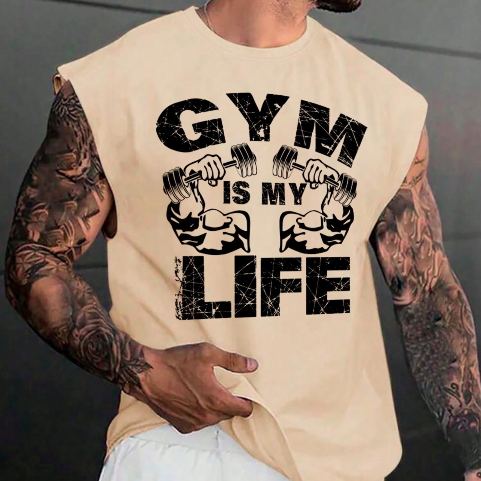 Camiseta Regata Machão Ousy Gym Is My Life Oversized Masculina Off White