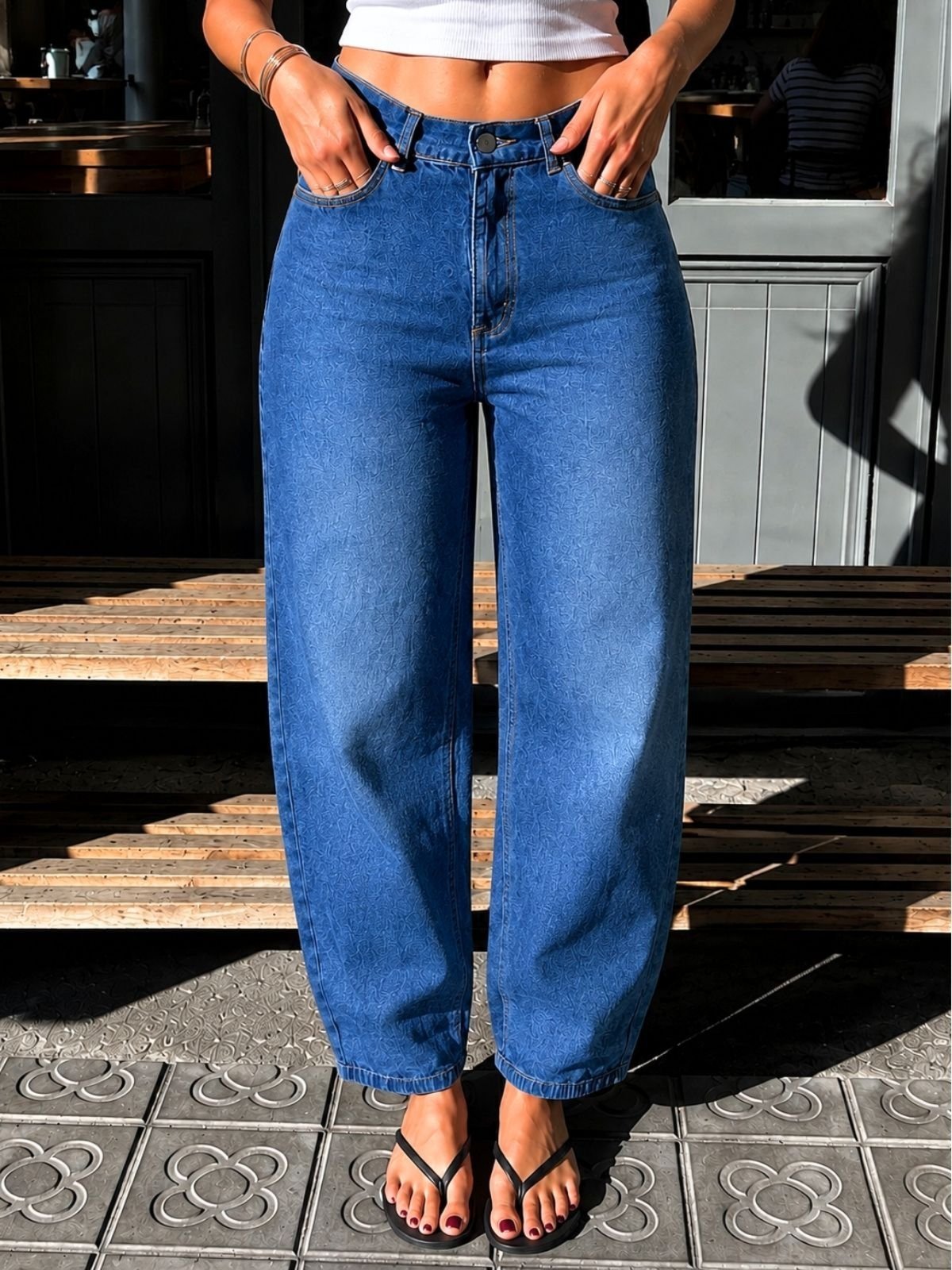 Calça Jeans Feminina Barrel Cintura Alta Azul