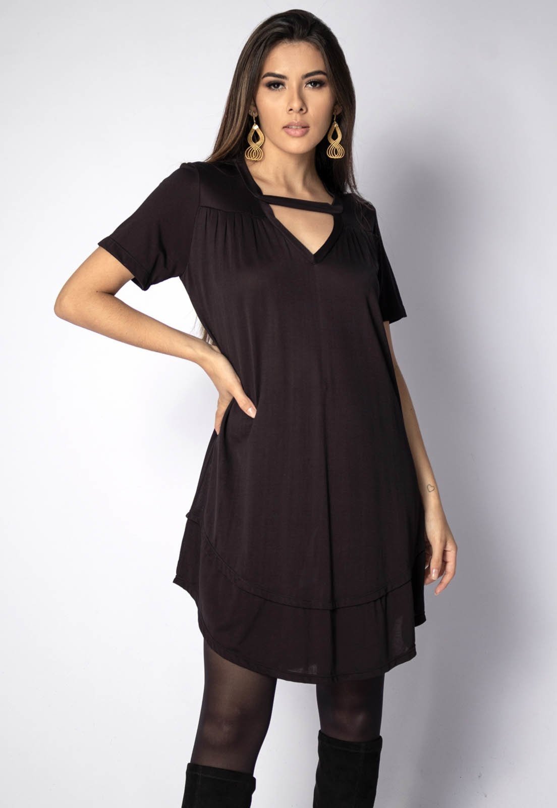 Vestido Curto Amazonia Vital Malha Manga Curta Preto
