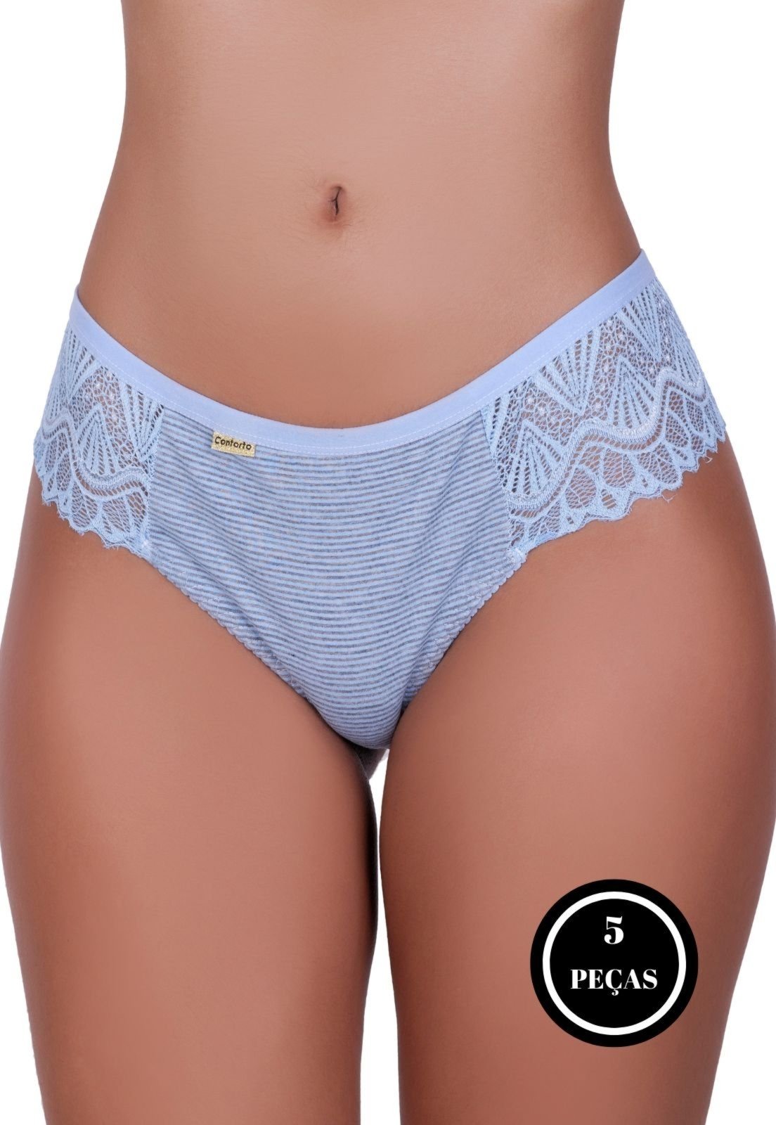 Kit 5 Calcinhas Algodão Feminino Terra e Mar Tanga Conforto Renda Listrada Multicolorido