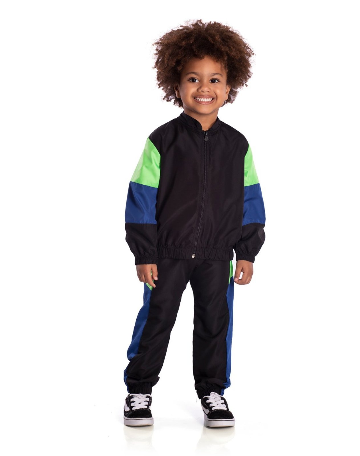 Infantil - Conj. corta-vento casaco zíper + calça preta com verde e azul